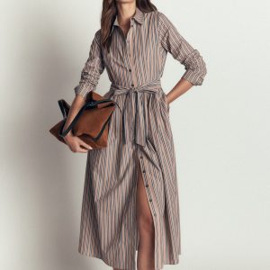 Alexa Cotton Midi Shirt Dress-Camel. Navy Tram Stripe
