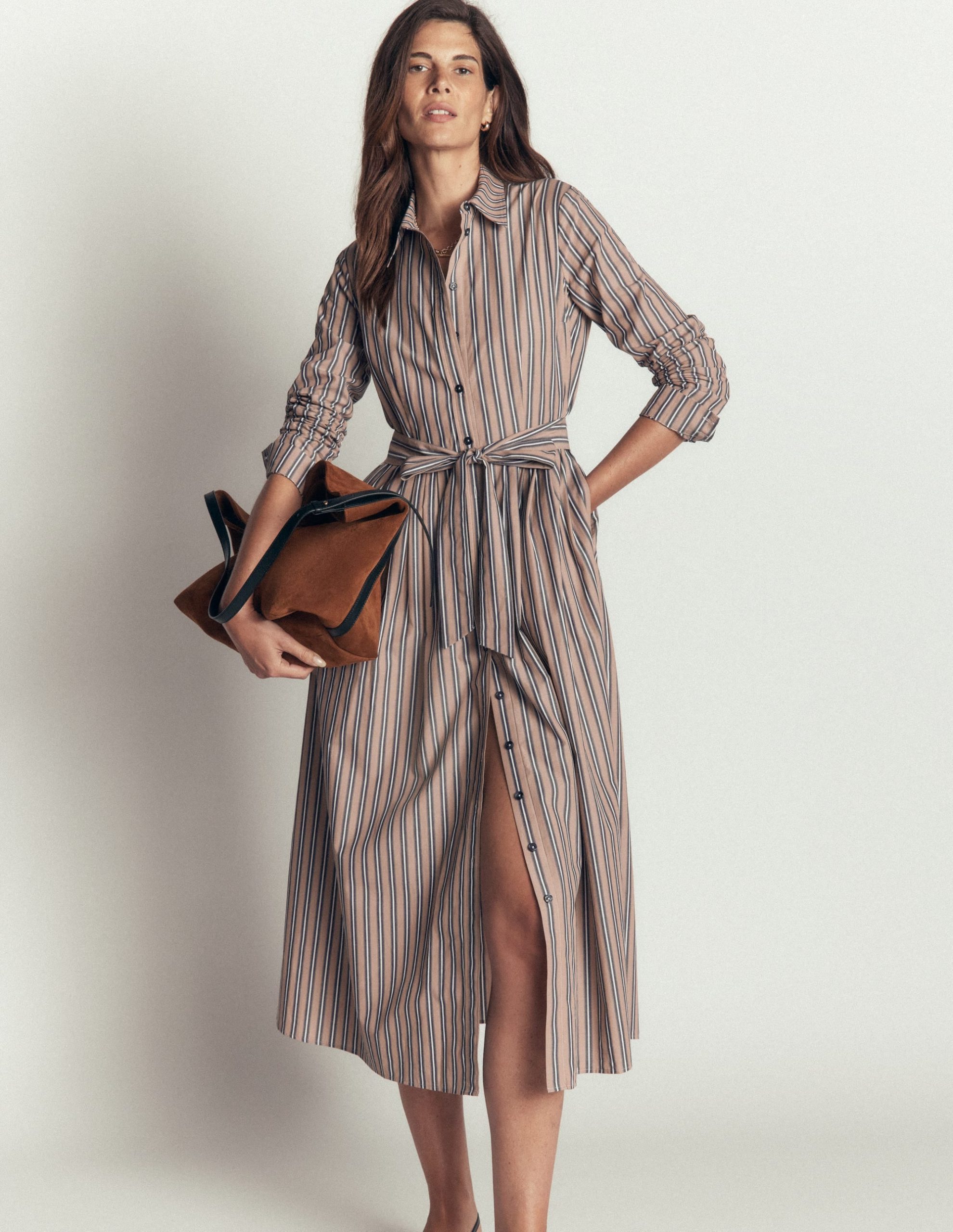 Alexa Cotton Midi Shirt Dress-Camel. Navy Tram Stripe