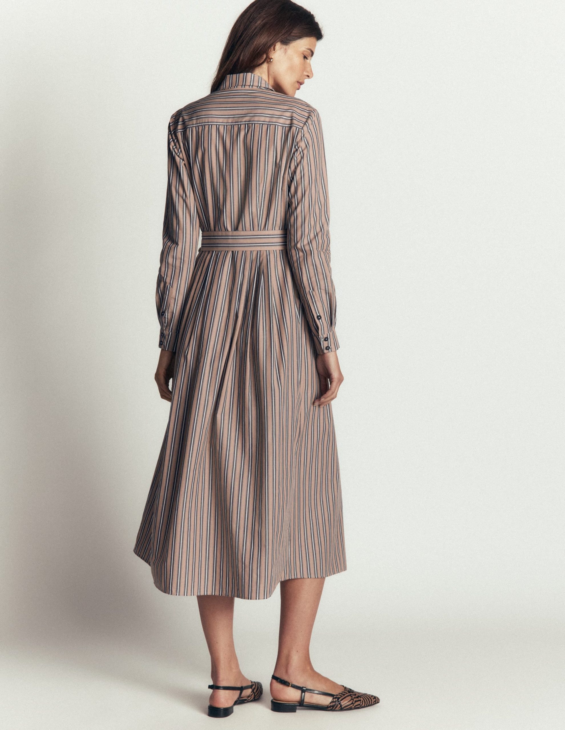 Alexa Cotton Midi Shirt Dress-Camel. Navy Tram Stripe - Image 3