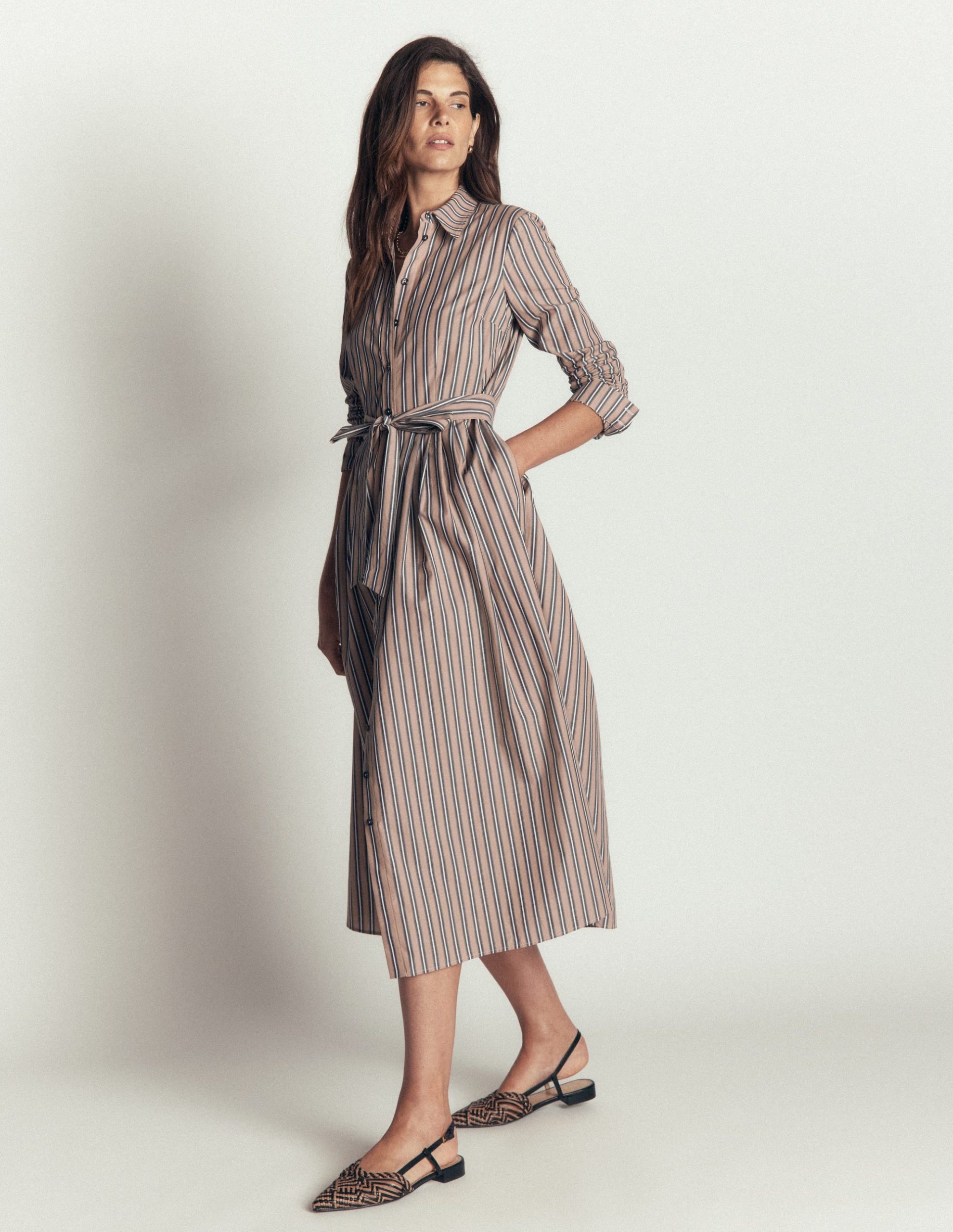 Alexa Cotton Midi Shirt Dress-Camel. Navy Tram Stripe - Image 4