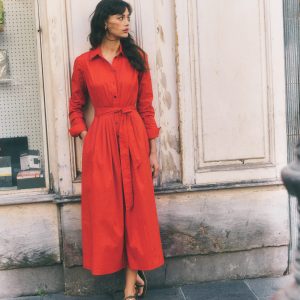 Alexa Cotton Midi Shirt Dress-Blood Orange