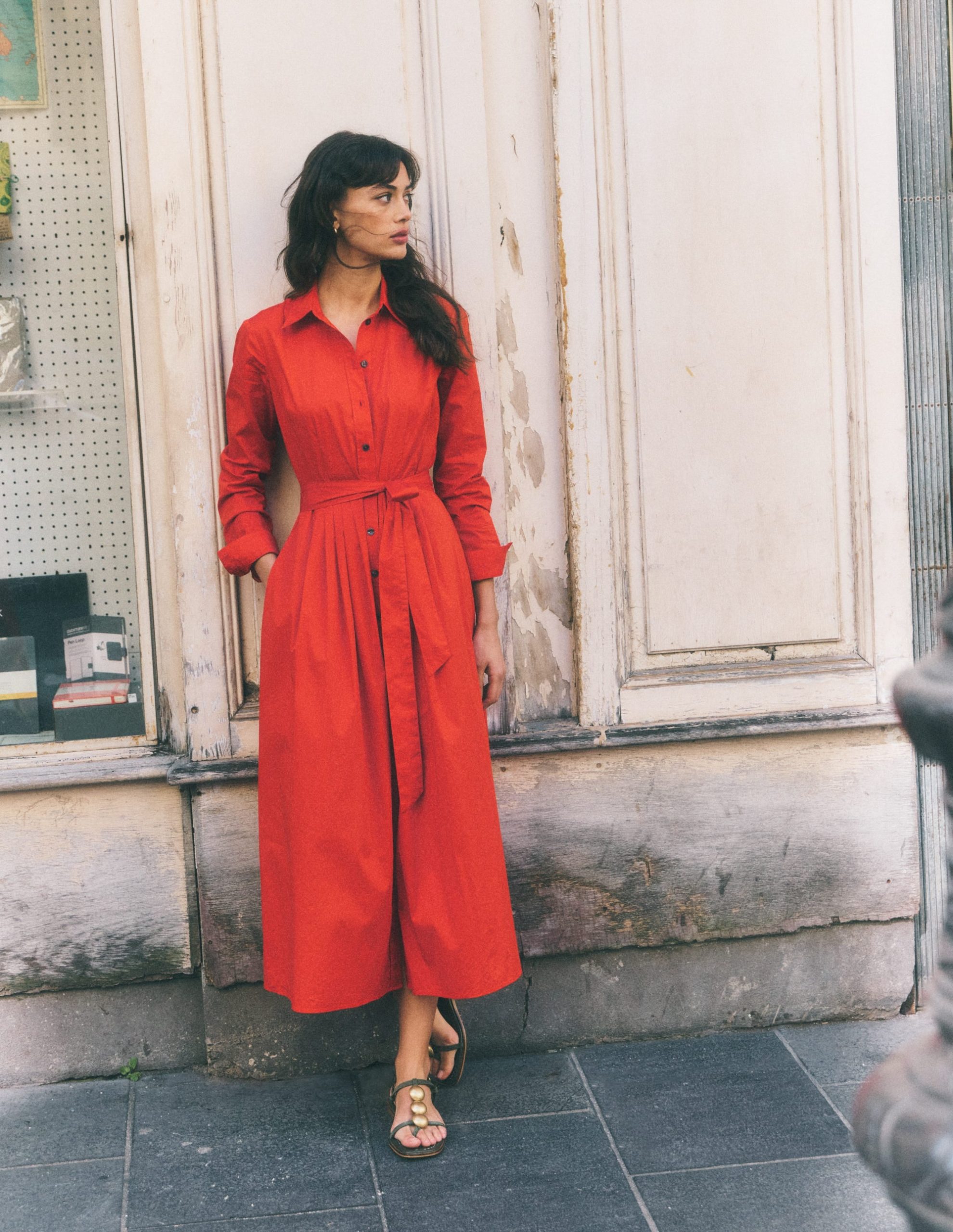 Alexa Cotton Midi Shirt Dress-Blood Orange