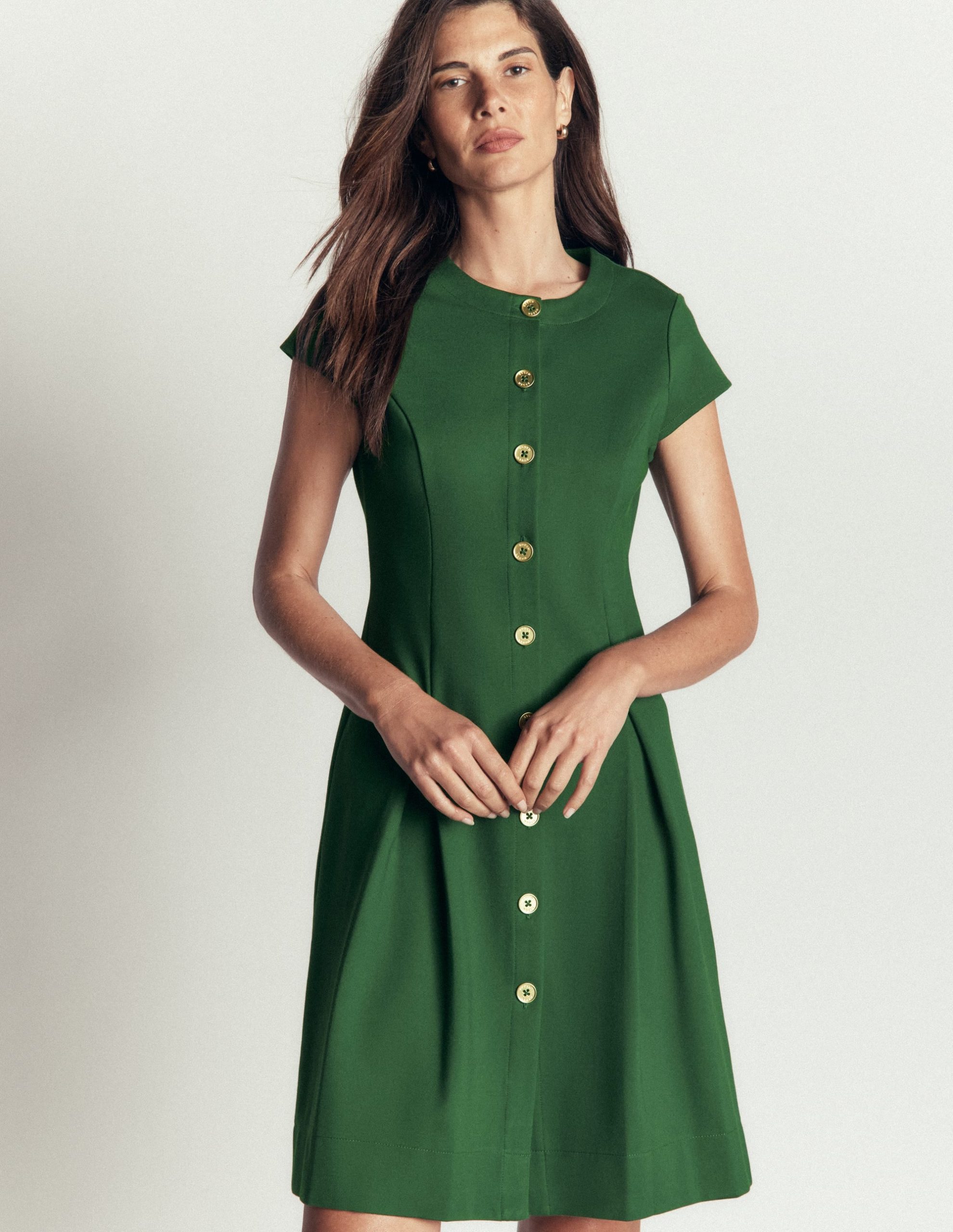 Short Pleated Ponte Dress-Hunter Green
