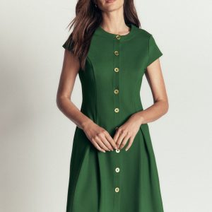 Short Pleated Ponte Dress-Hunter Green