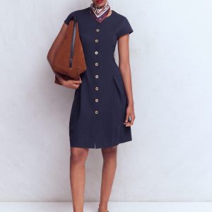Short Pleated Ponte Dress-Navy