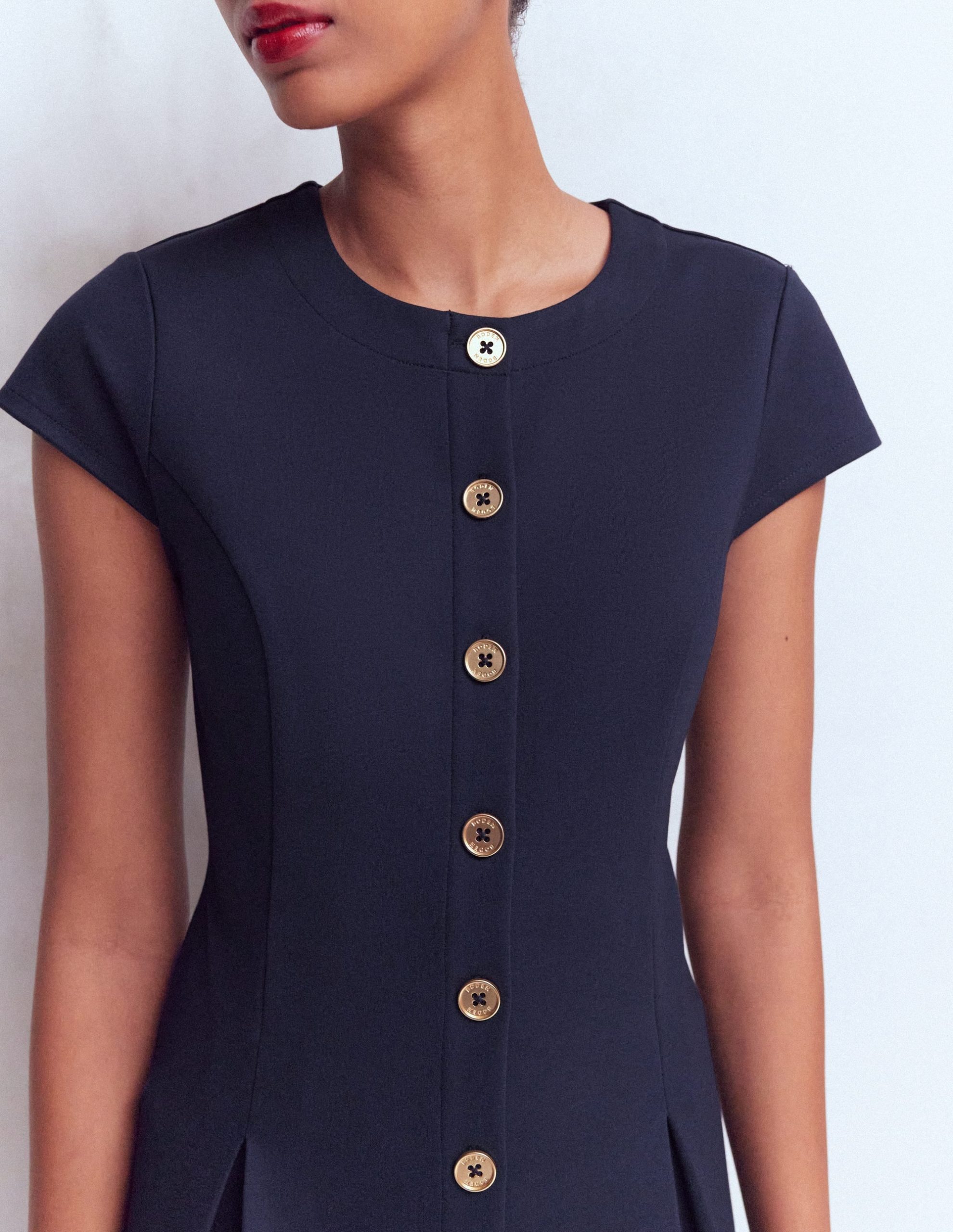 Short Pleated Ponte Dress-Navy - Image 2