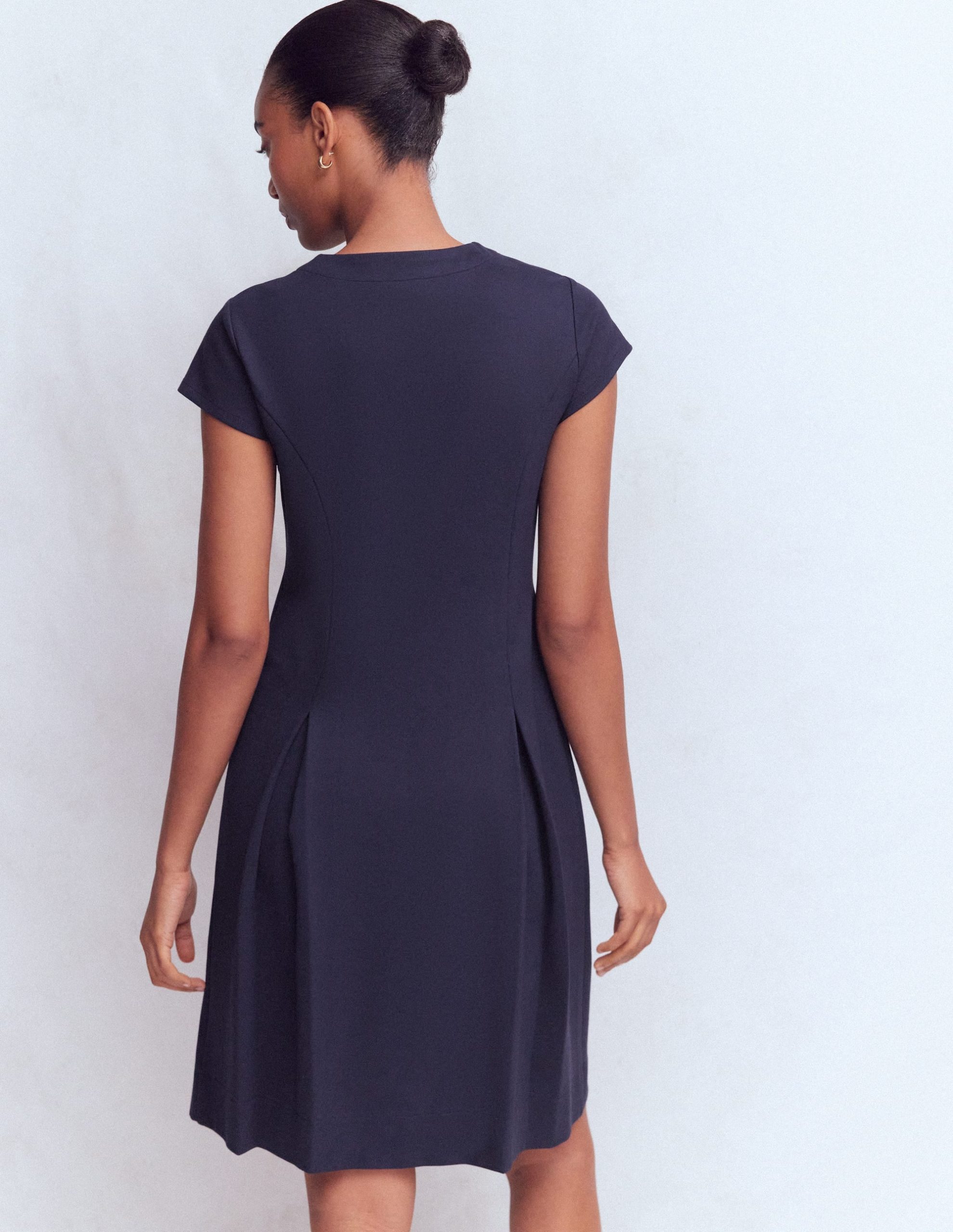 Short Pleated Ponte Dress-Navy - Image 3