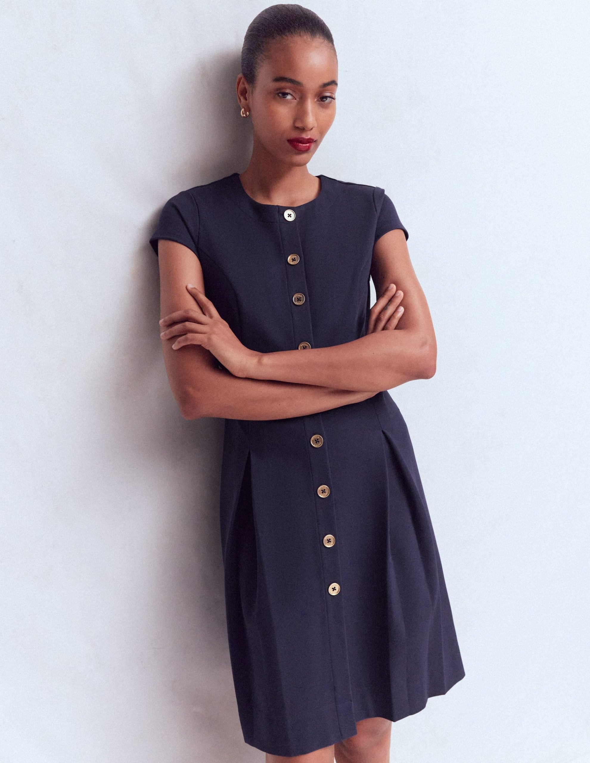 Short Pleated Ponte Dress-Navy - Image 4