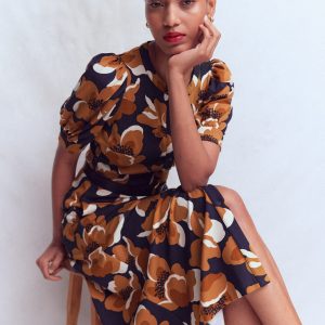Puff Sleeve Ponte Shirt Dress-French Navy. Flowering Garden
