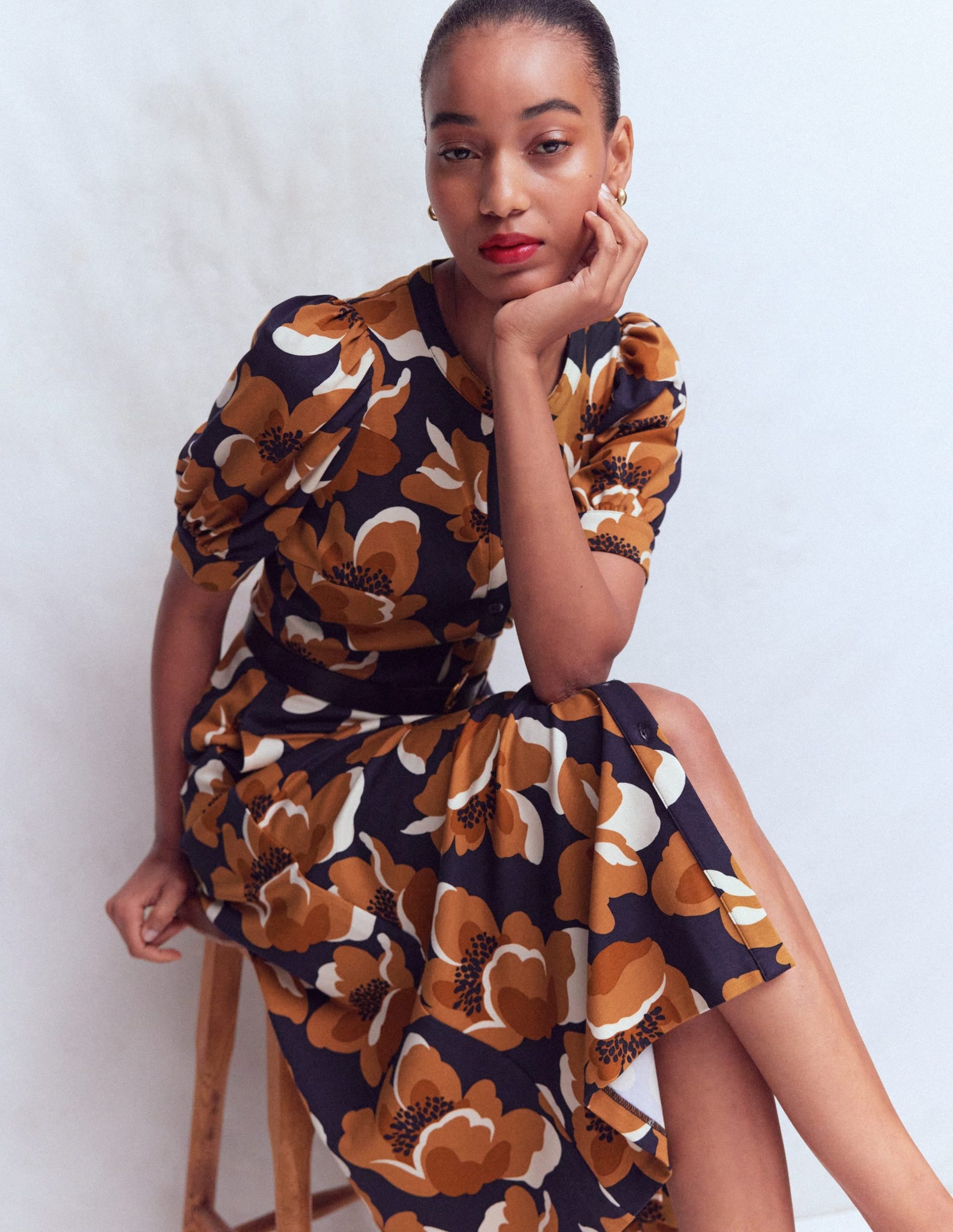Puff Sleeve Ponte Shirt Dress-French Navy. Flowering Garden