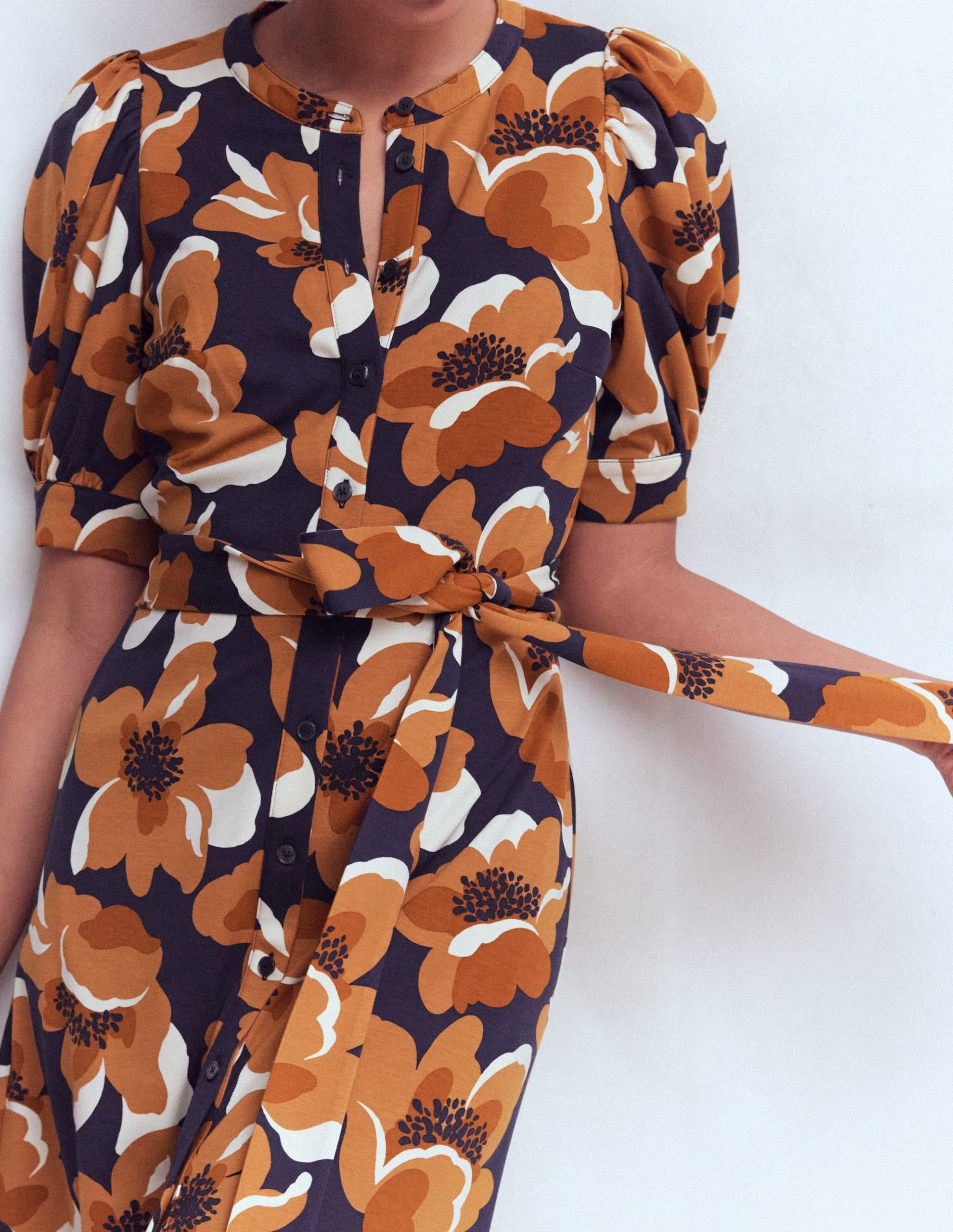 Puff Sleeve Ponte Shirt Dress-French Navy. Flowering Garden - Image 2
