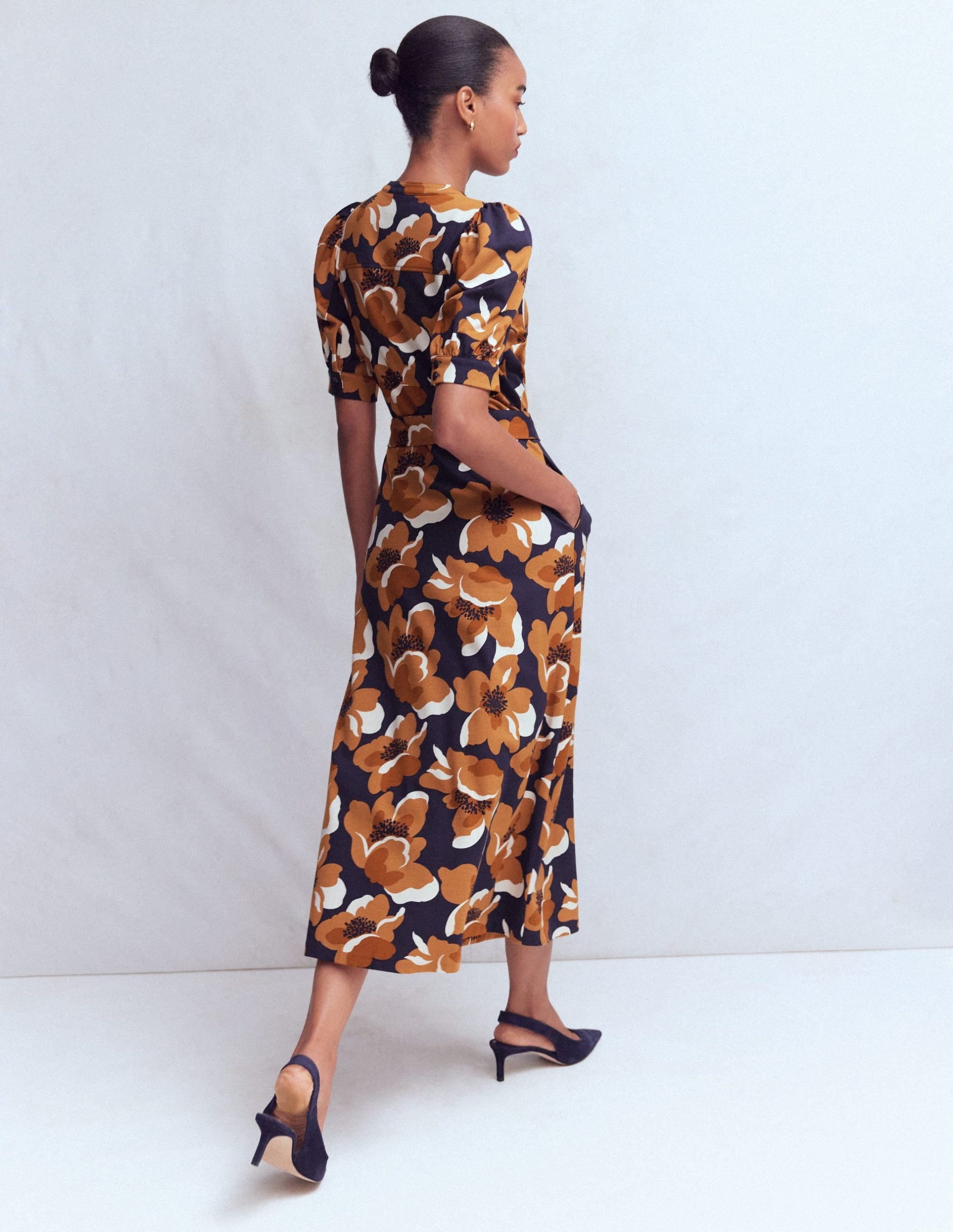 Puff Sleeve Ponte Shirt Dress-French Navy. Flowering Garden - Image 3