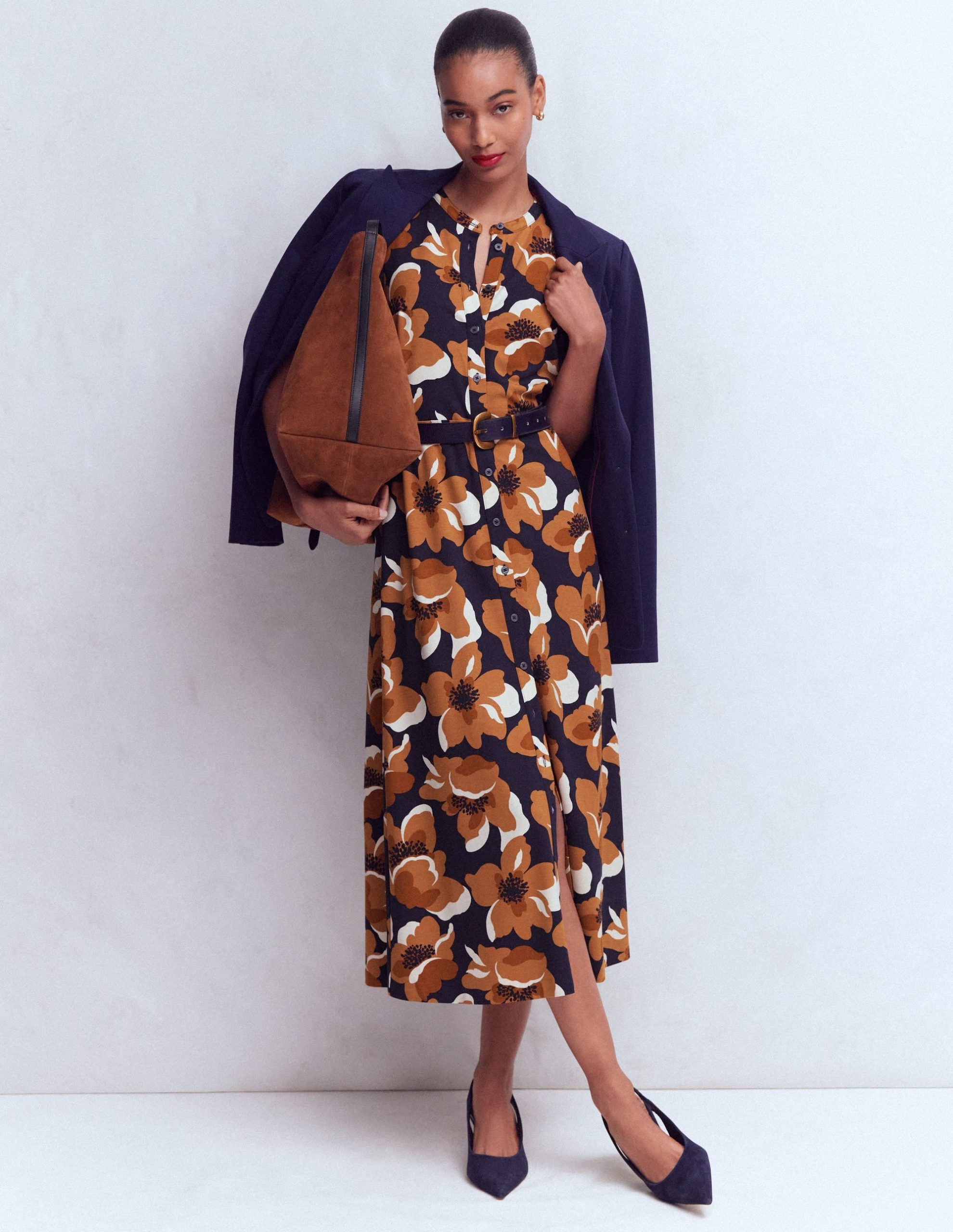 Puff Sleeve Ponte Shirt Dress-French Navy. Flowering Garden - Image 4