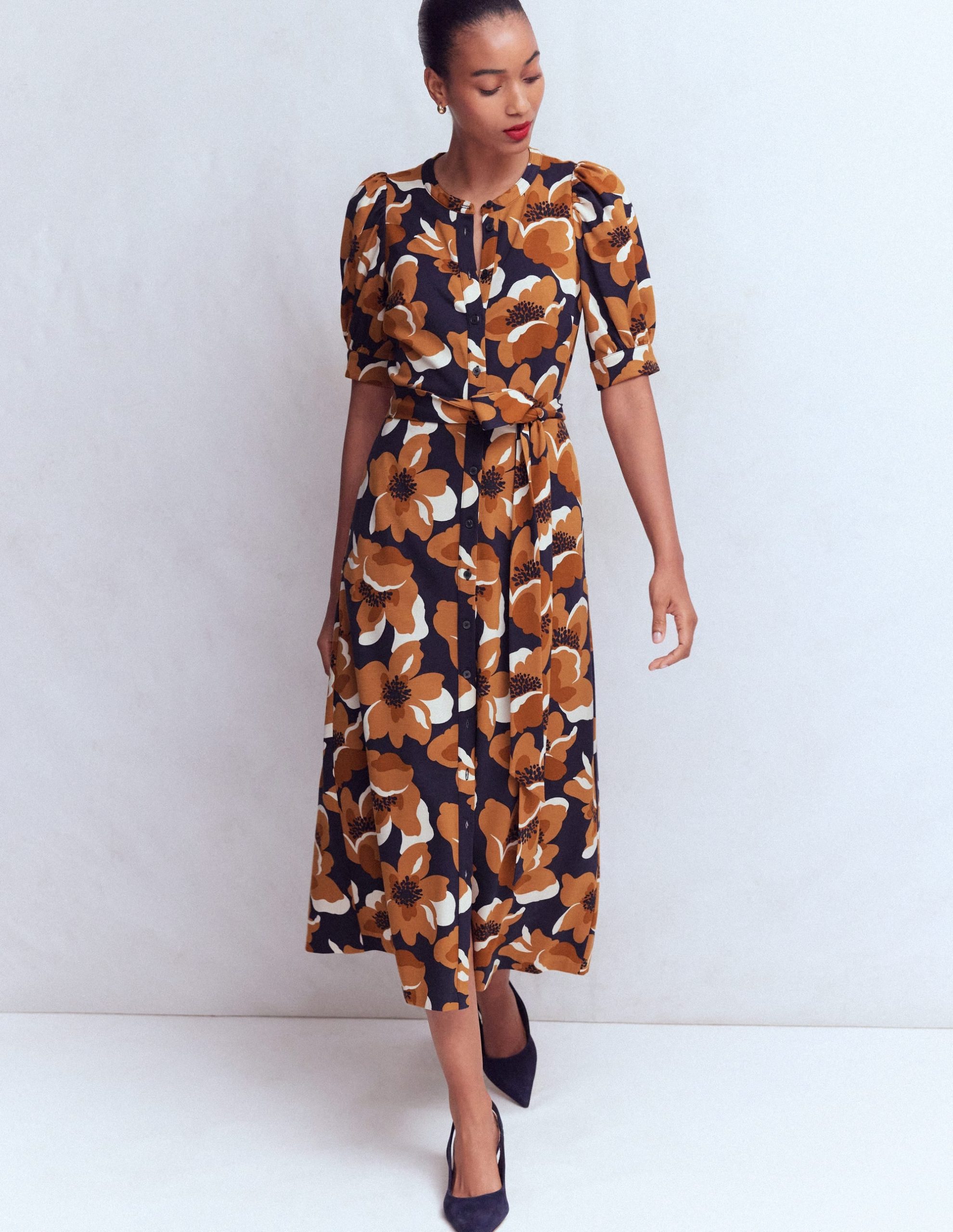 Puff Sleeve Ponte Shirt Dress-French Navy. Flowering Garden - Image 5