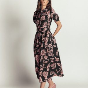 Belted Cotton Midi Dress-Black. Planted Meadows