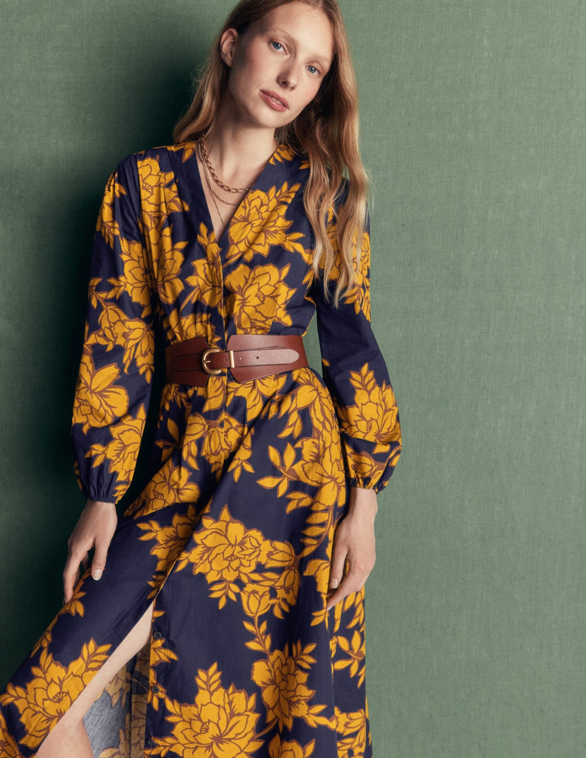 Nicola Cotton Midi Dress-Gold Wheat. Enchanted Peony