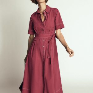 Sarah Cotton Midi Shirt Dress-Rich Chestnut