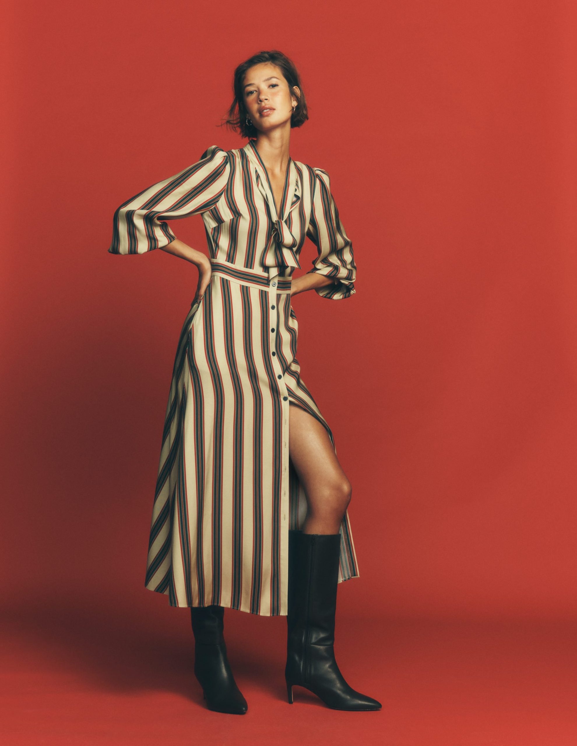 Bow Detail Shirt Dress-Multi. Collegic Stripe