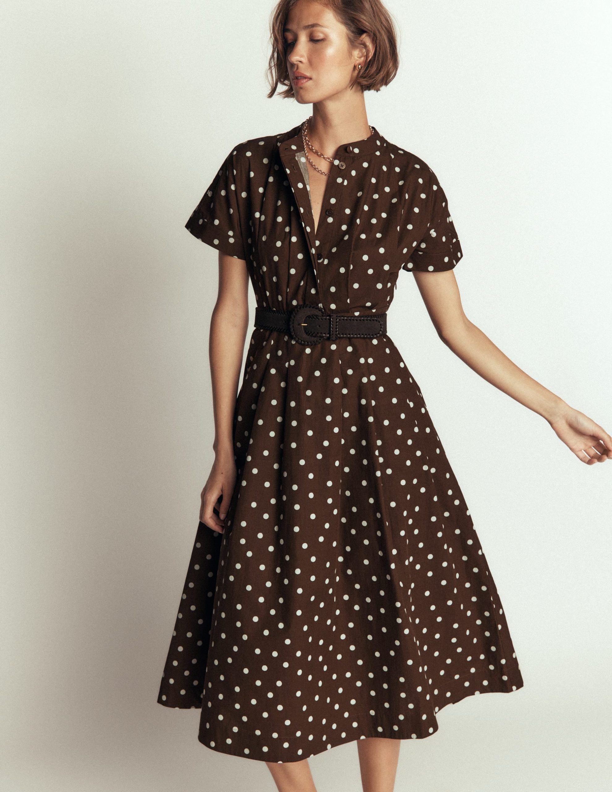 Grown On Sleeve Midi Dress-Raw Umber. Painted Dot Spaced