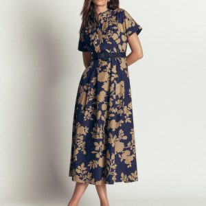 Grown On Sleeve Midi Dress-French Navy. Bouquet Breeze