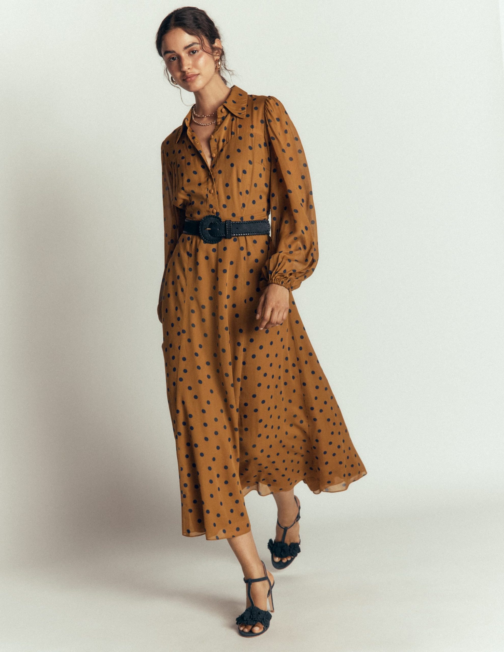 Sheer Yoke Shirt Dress-Rubber and Navy. Painted Dot