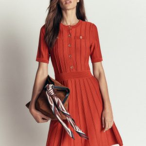 Button Front Stitch Dress-Burnt Orange