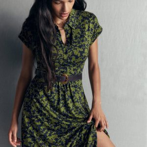 Fae Jersey Shirt Dress-Forest Green. Sprayed Leaf