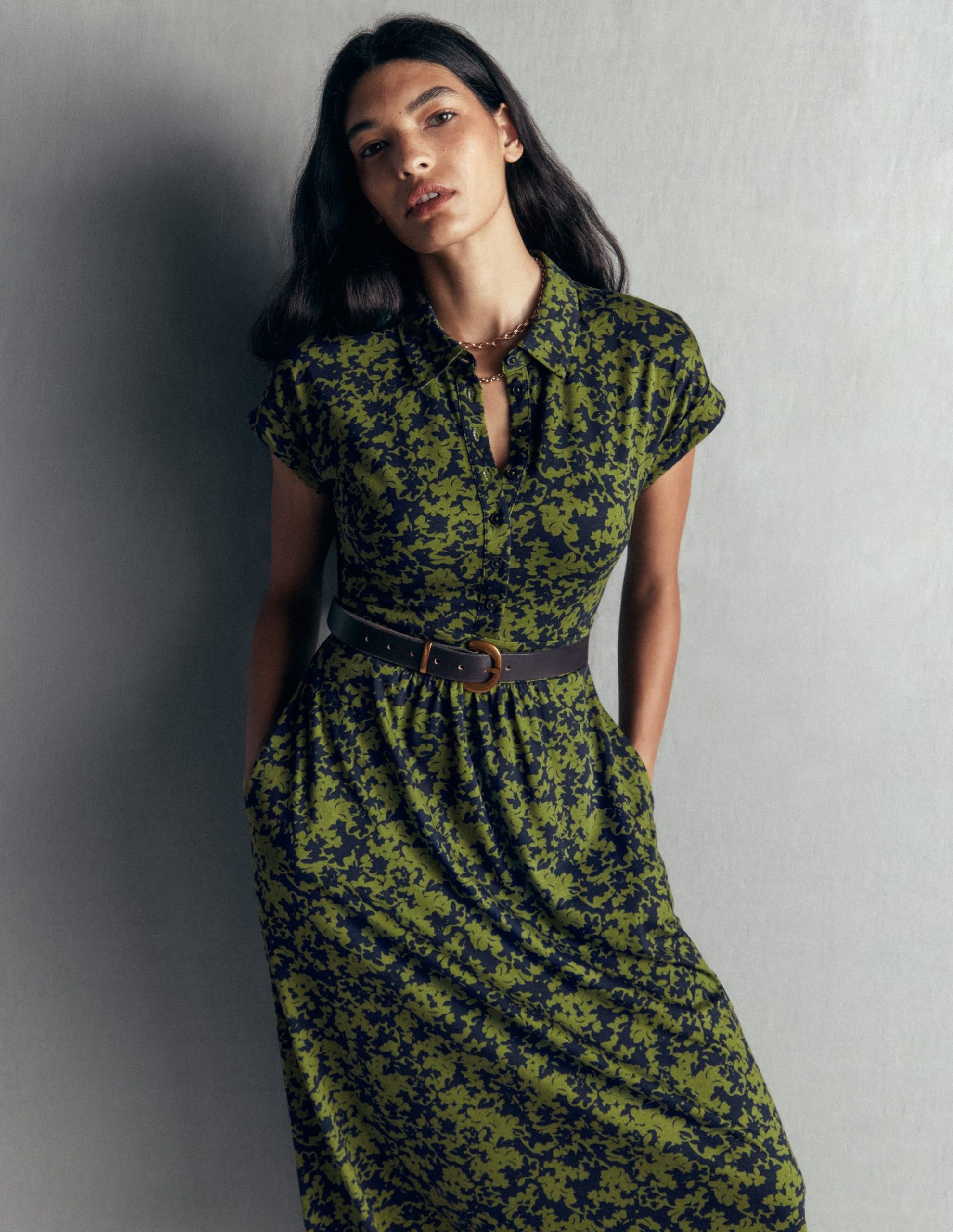 Fae Jersey Shirt Dress-Forest Green. Sprayed Leaf - Image 2