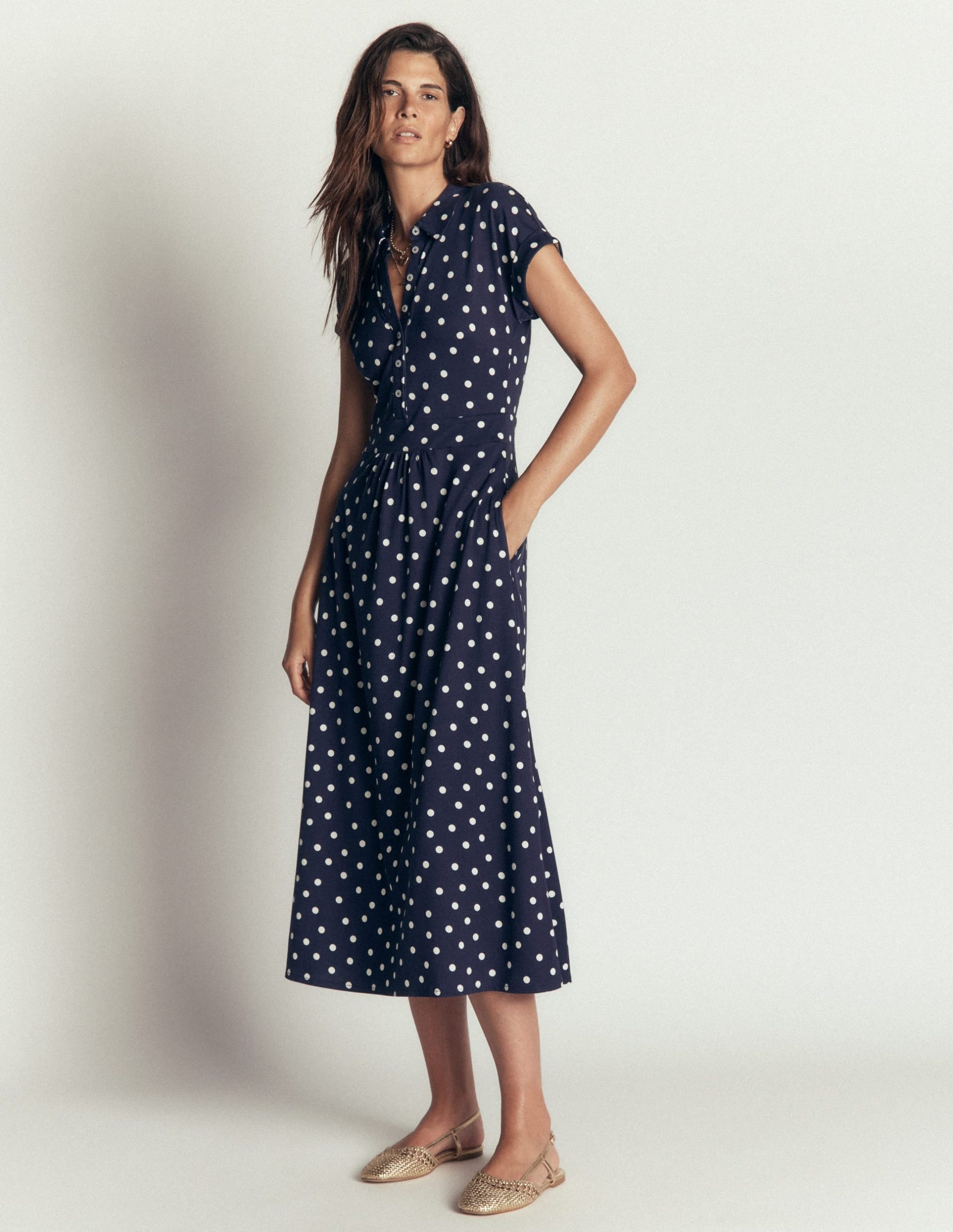 Fae Jersey Shirt Dress-French Navy. Boden Dot Spaced