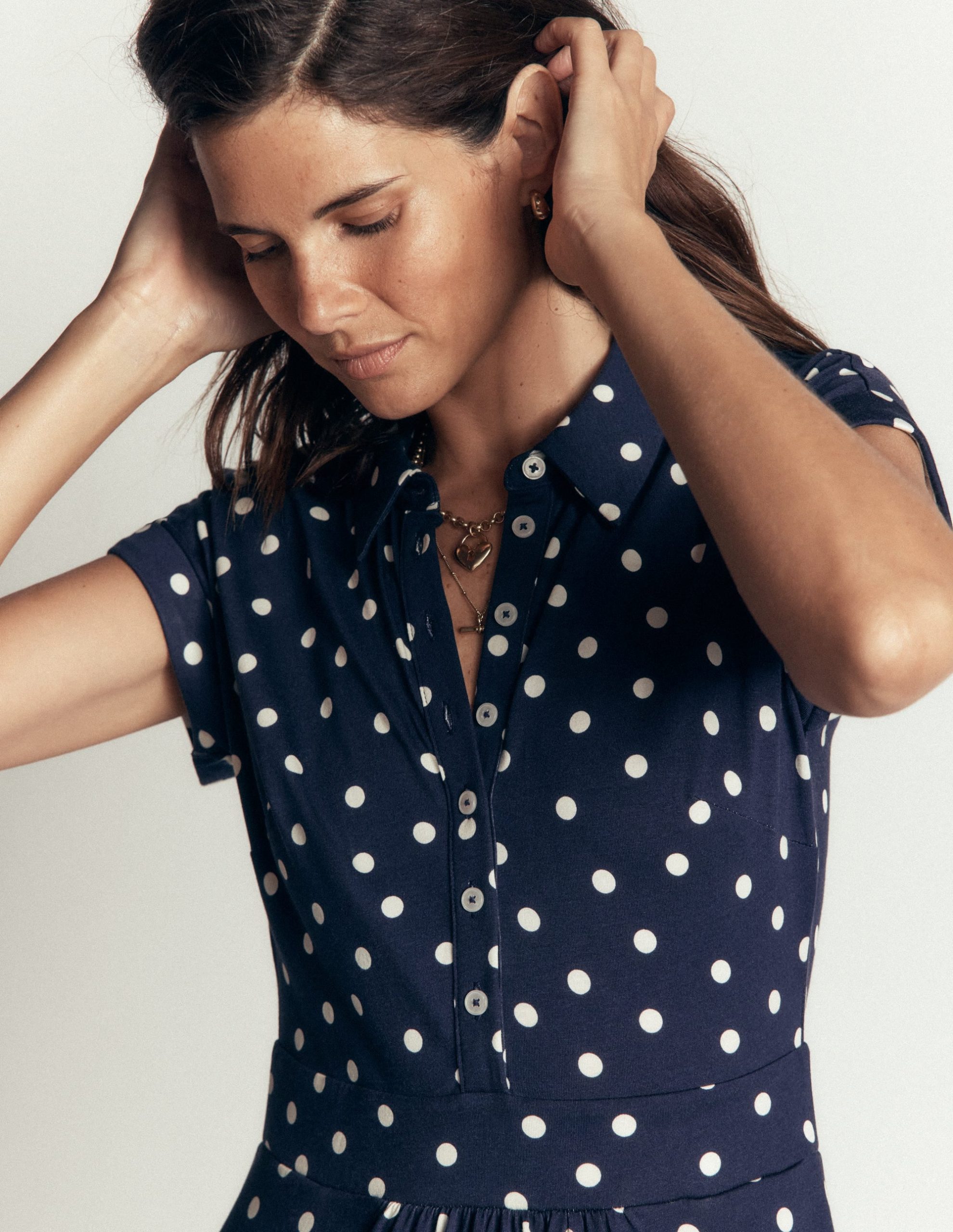 Fae Jersey Shirt Dress-French Navy. Boden Dot Spaced - Image 2