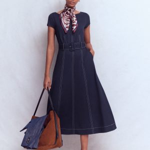 Topstitch Ponte Midi Dress-Navy