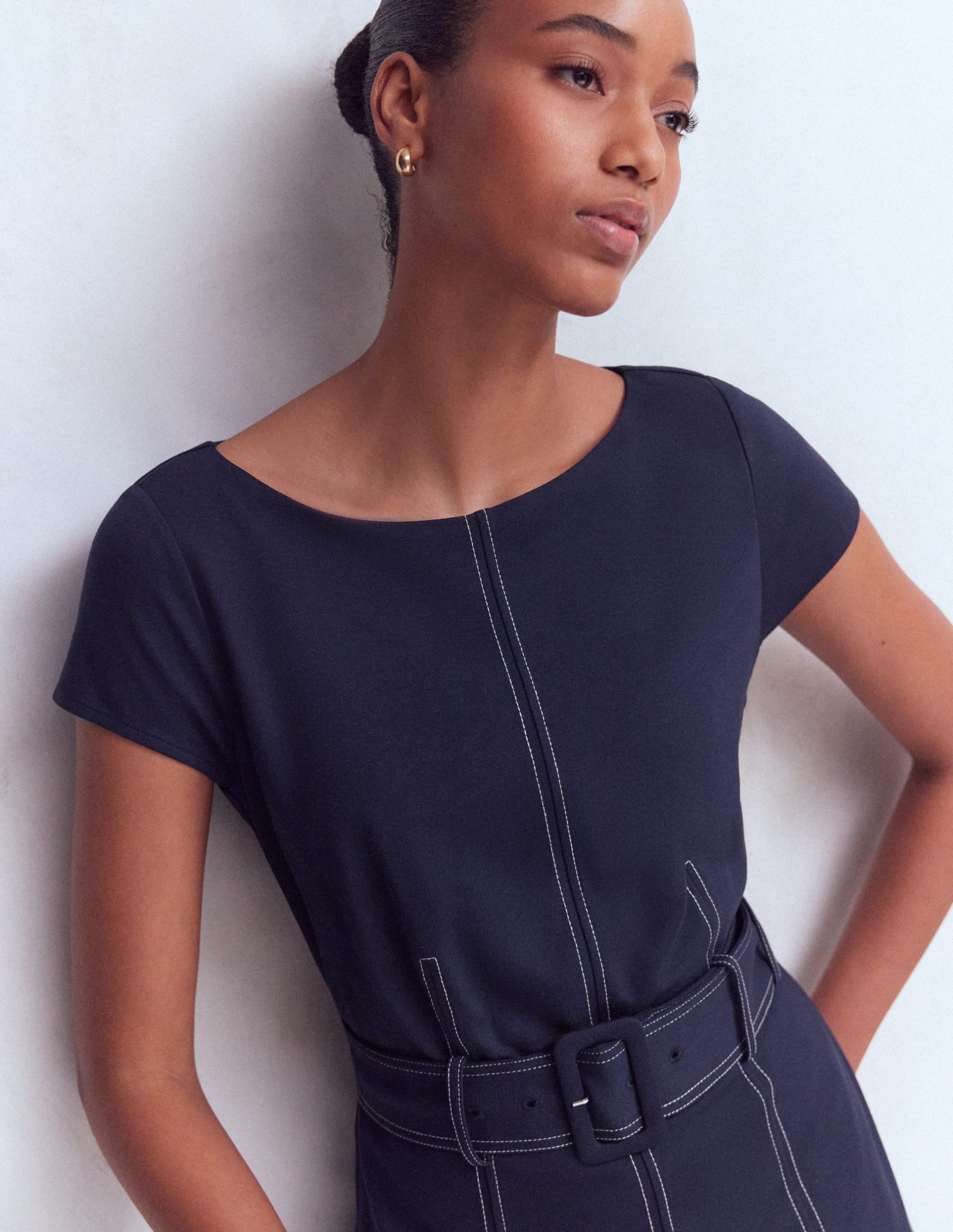 Topstitch Ponte Midi Dress-Navy - Image 2