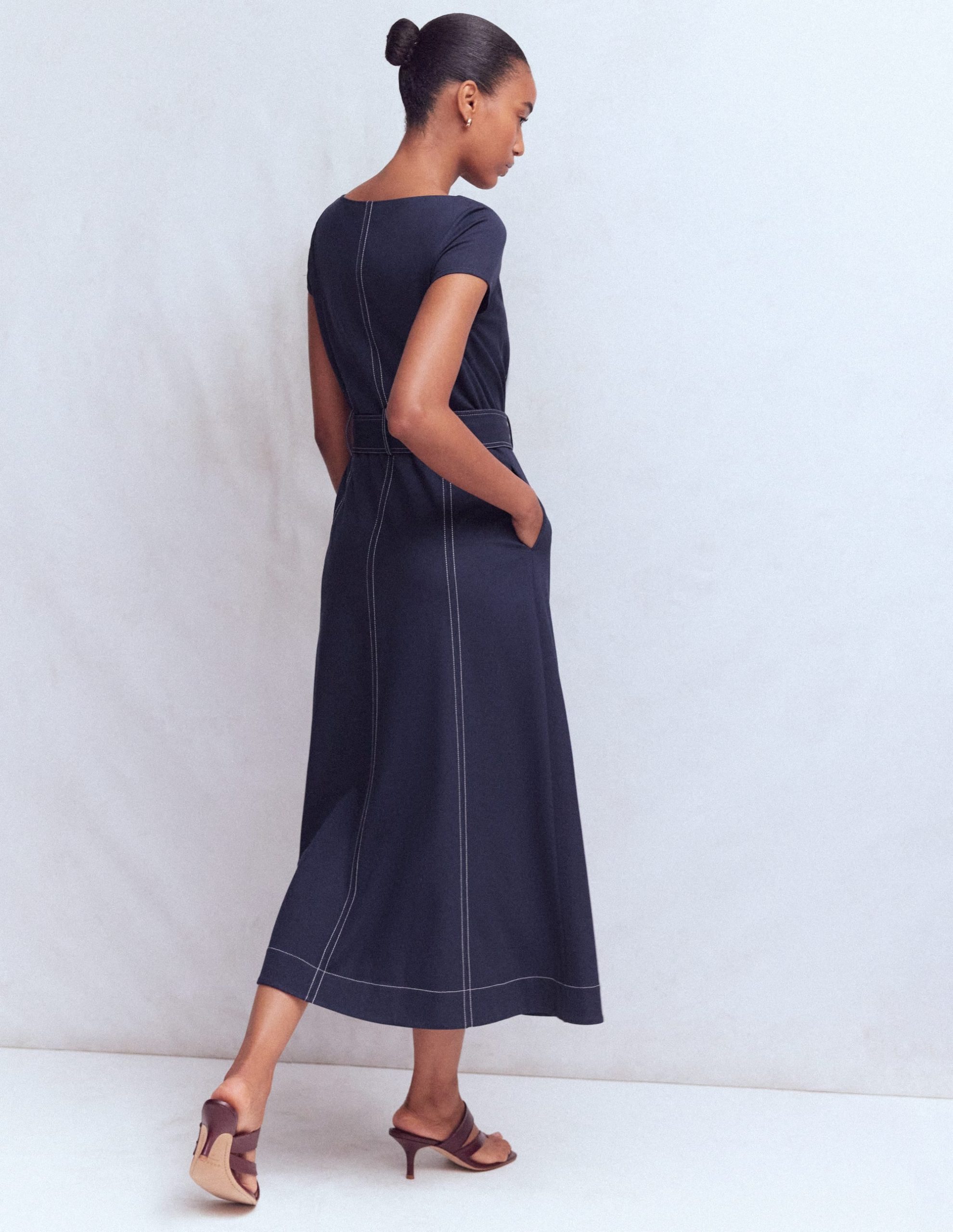 Topstitch Ponte Midi Dress-Navy - Image 3