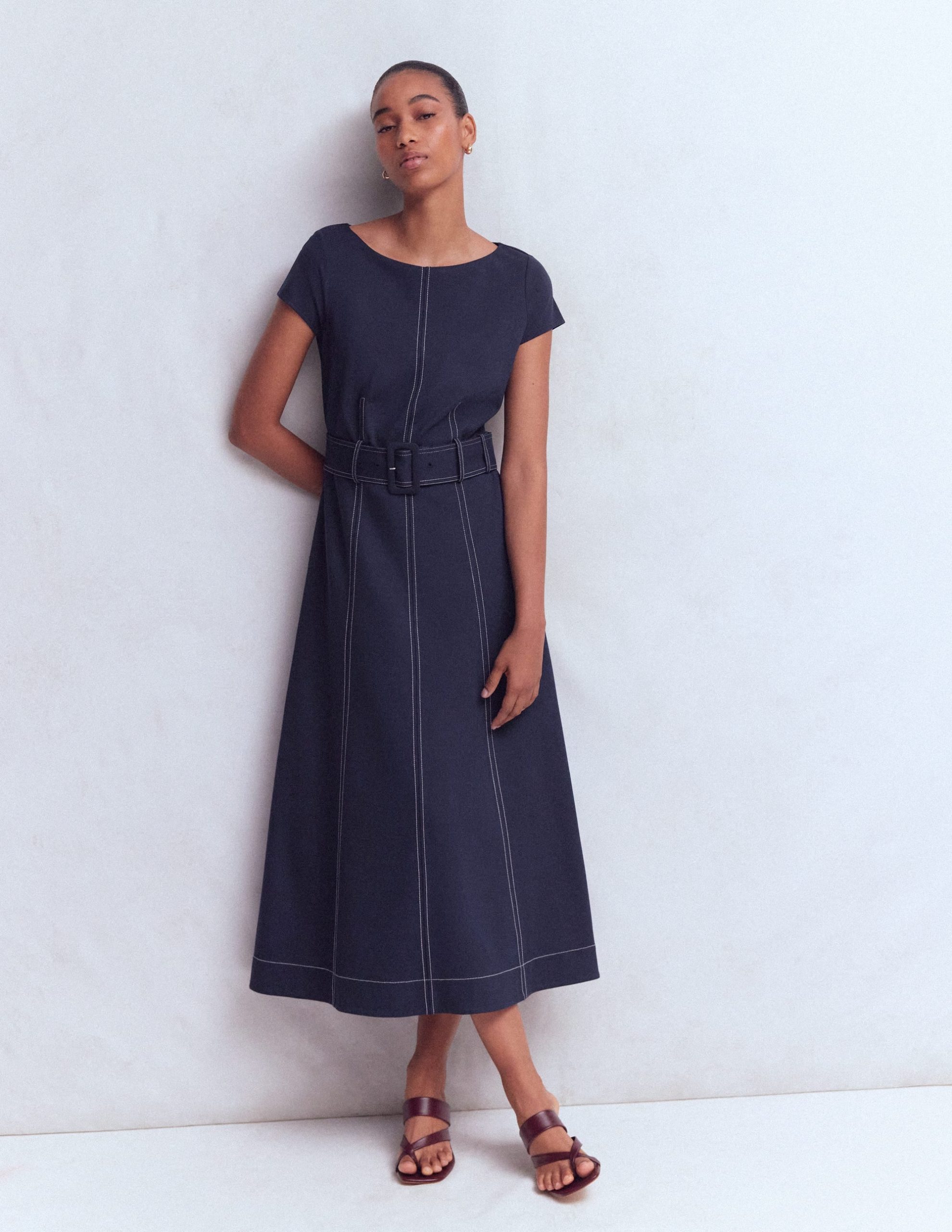 Topstitch Ponte Midi Dress-Navy - Image 4