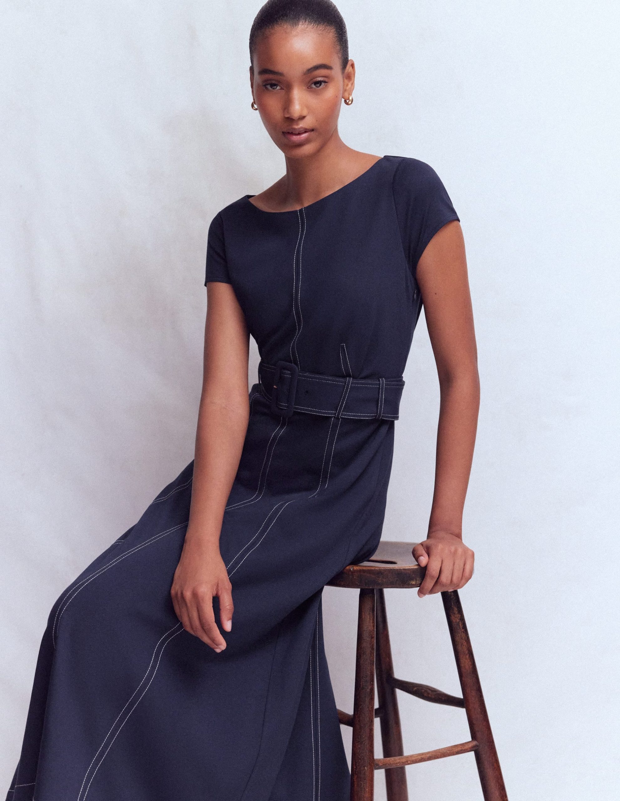Topstitch Ponte Midi Dress-Navy - Image 5