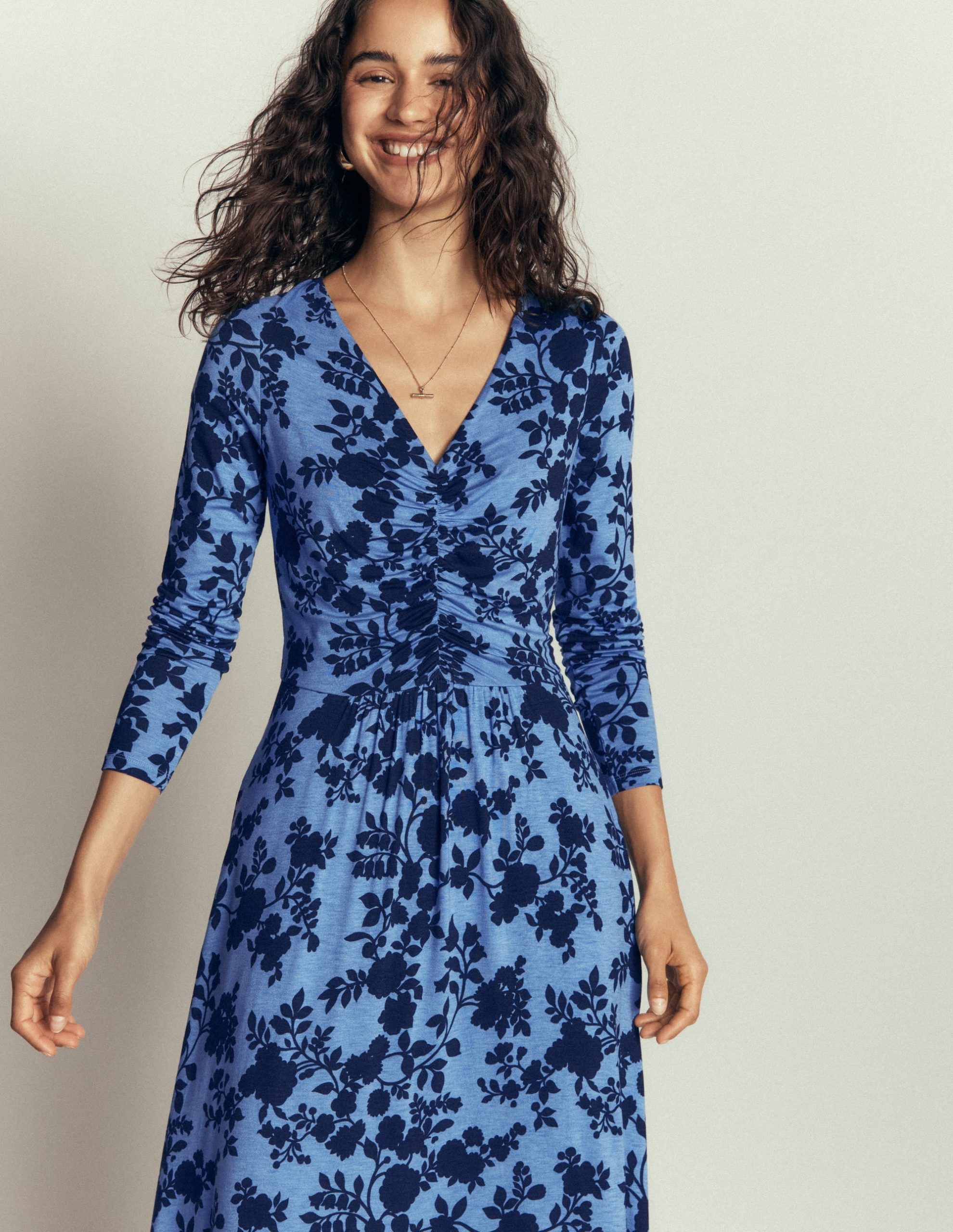 Jasmine Ruched Jersey Dress-Forget Me Not. Bouquet Breeze