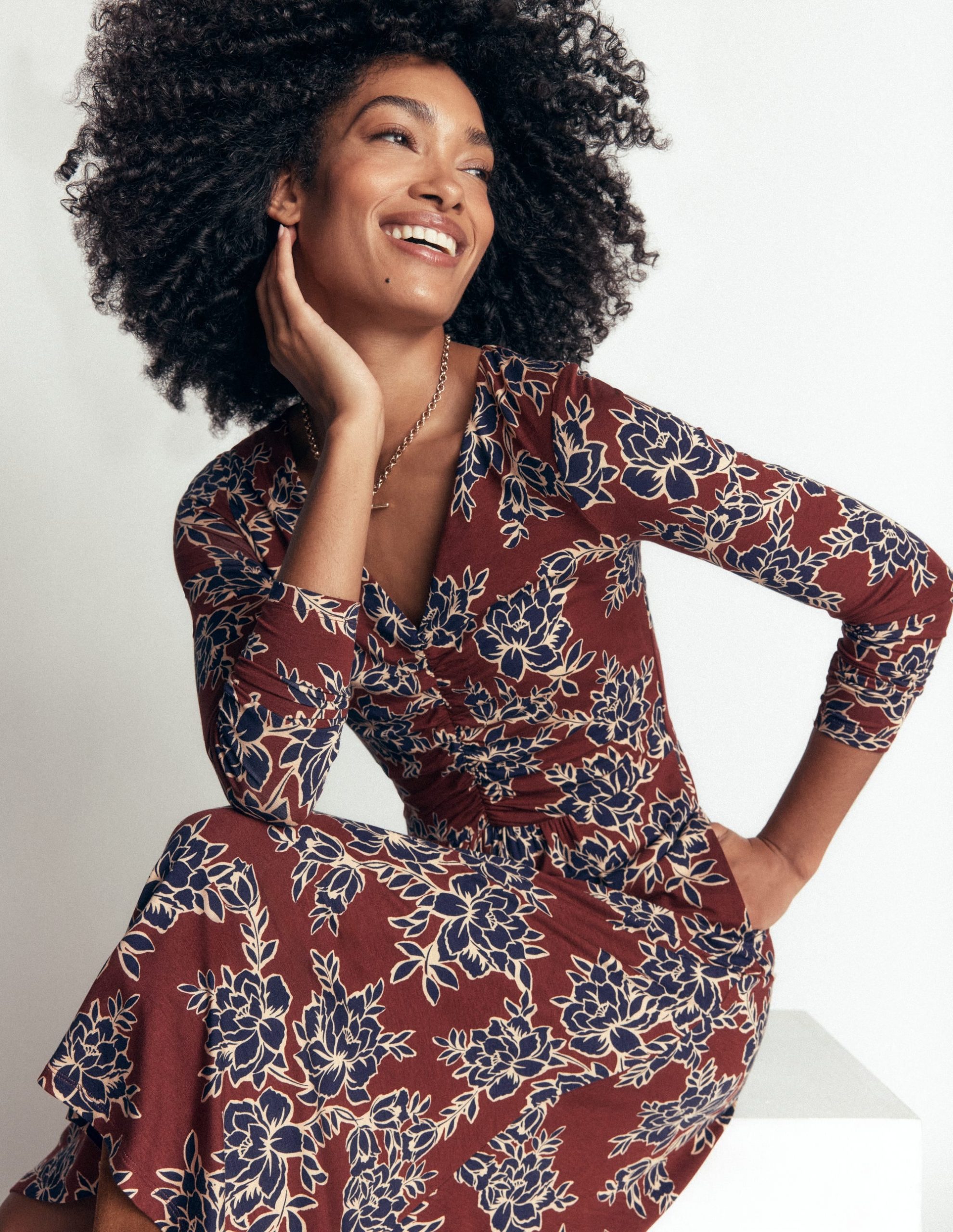 Jasmine Ruched Jersey Dress-Roasted Brown. Enchanted Peony - Image 2