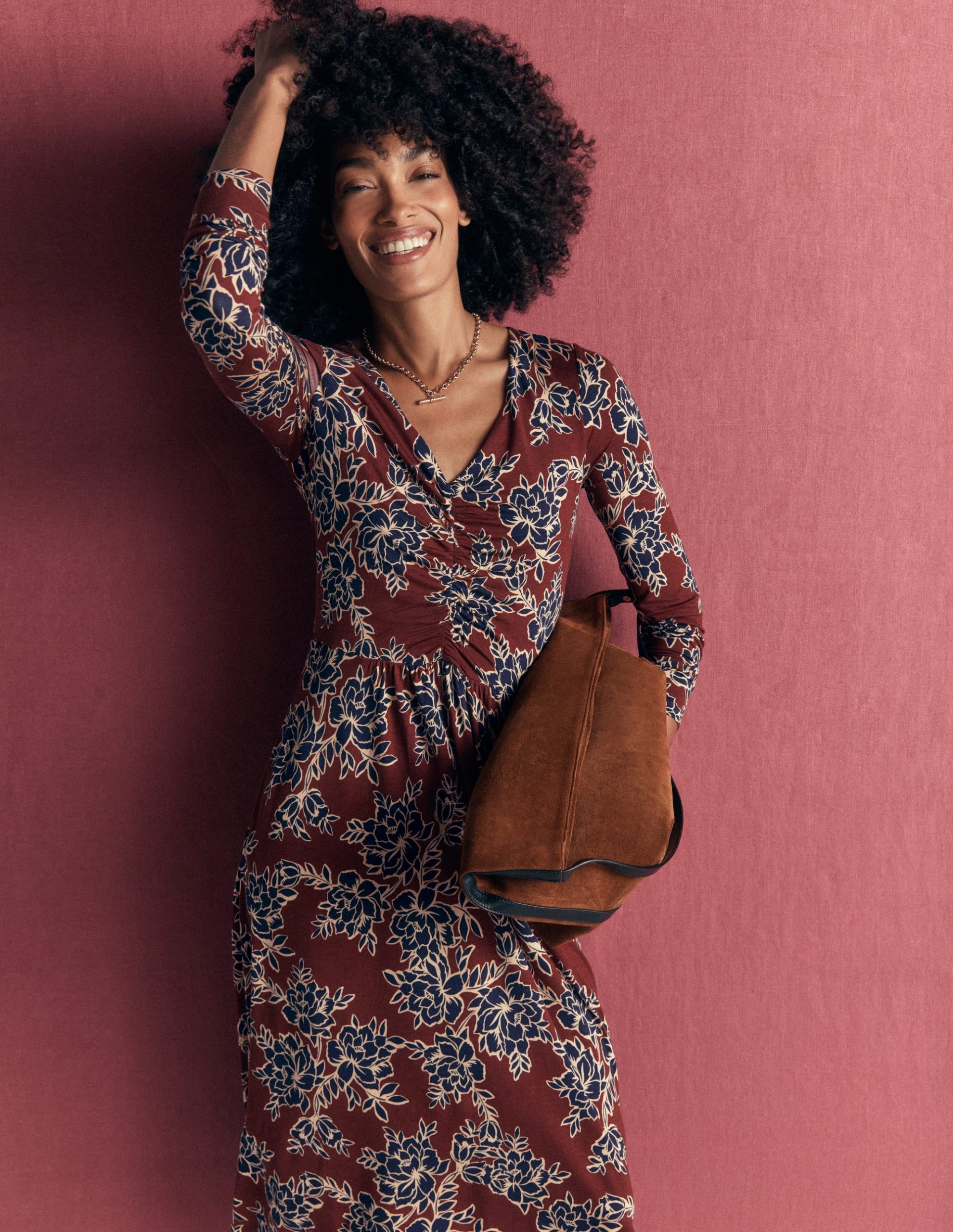 Jasmine Ruched Jersey Dress-Roasted Brown. Enchanted Peony