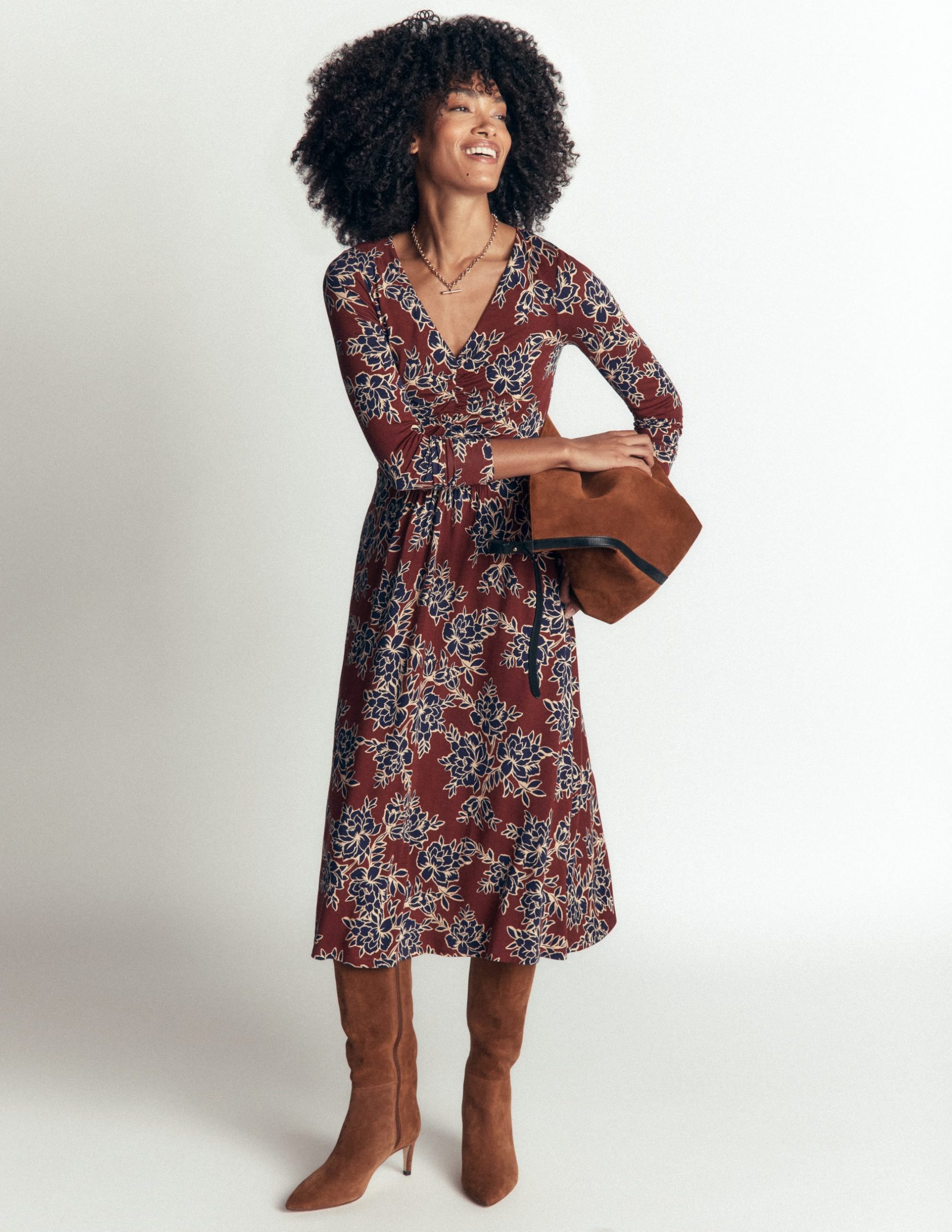 Jasmine Ruched Jersey Dress-Roasted Brown. Enchanted Peony - Image 4