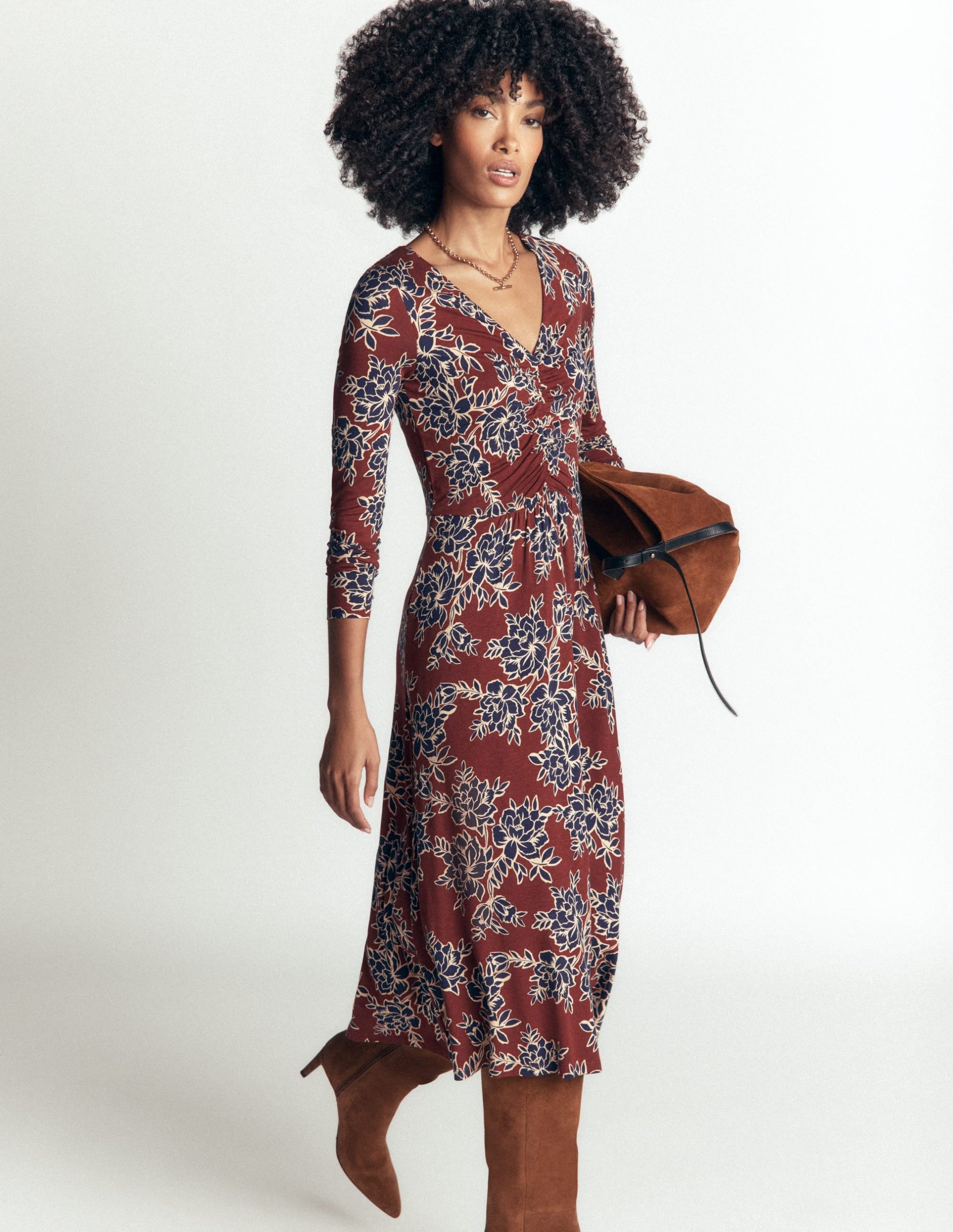 Jasmine Ruched Jersey Dress-Roasted Brown. Enchanted Peony - Image 5