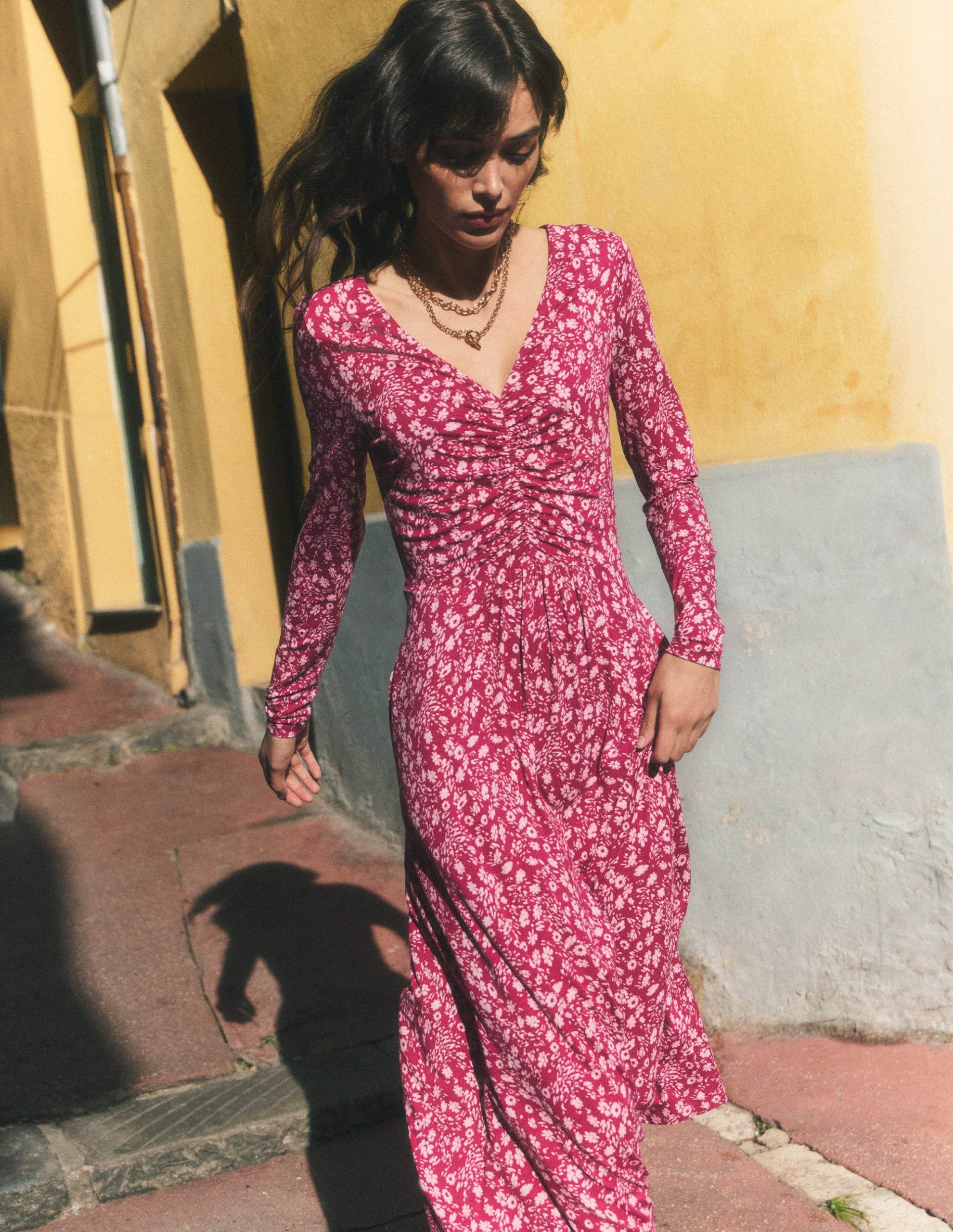 Jasmine Ruched Jersey Dress-Sweet Cherry. Scattered Flora