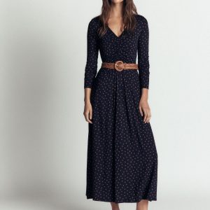Jasmine Ruched Jersey Dress-French Navy. Painted Dot Space