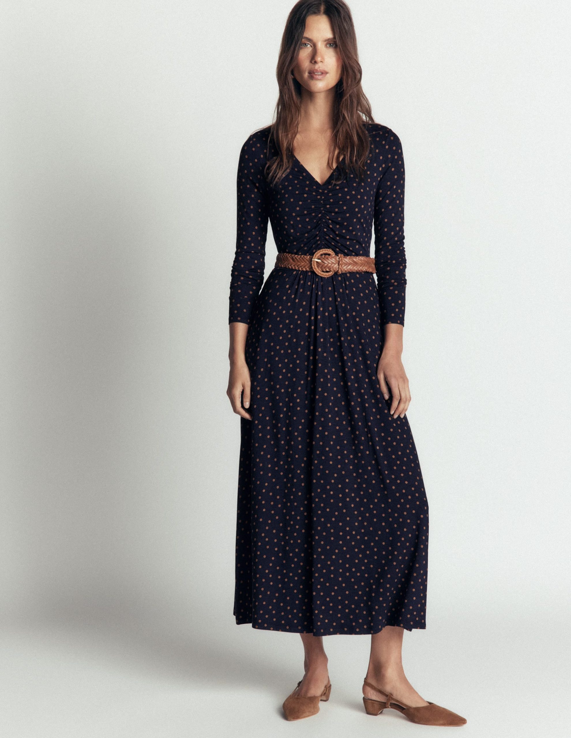 Jasmine Ruched Jersey Dress-French Navy. Painted Dot Space