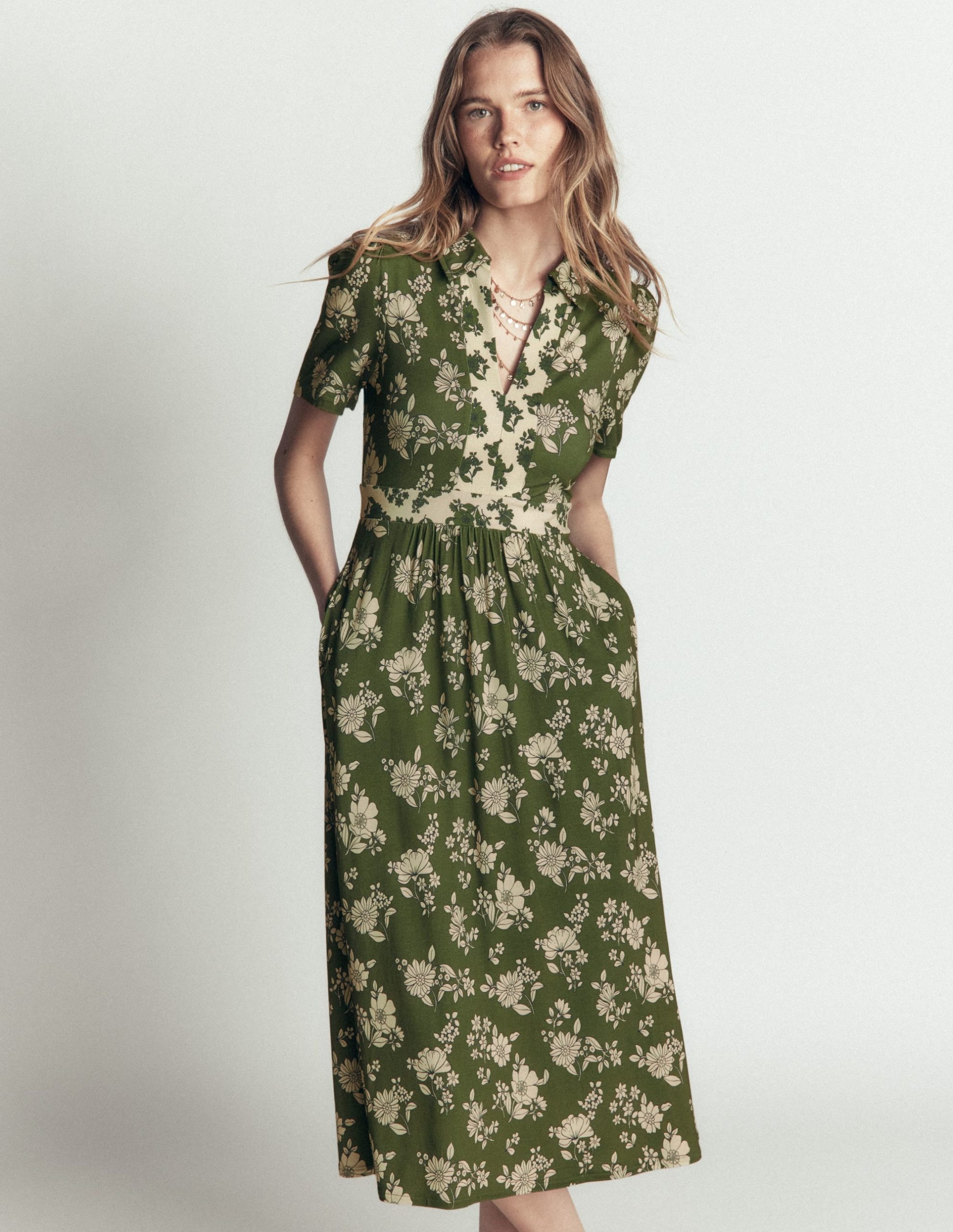 Heidi Jersey Midi Tea Dress-Olive. Floral Field Spaced - Image 3