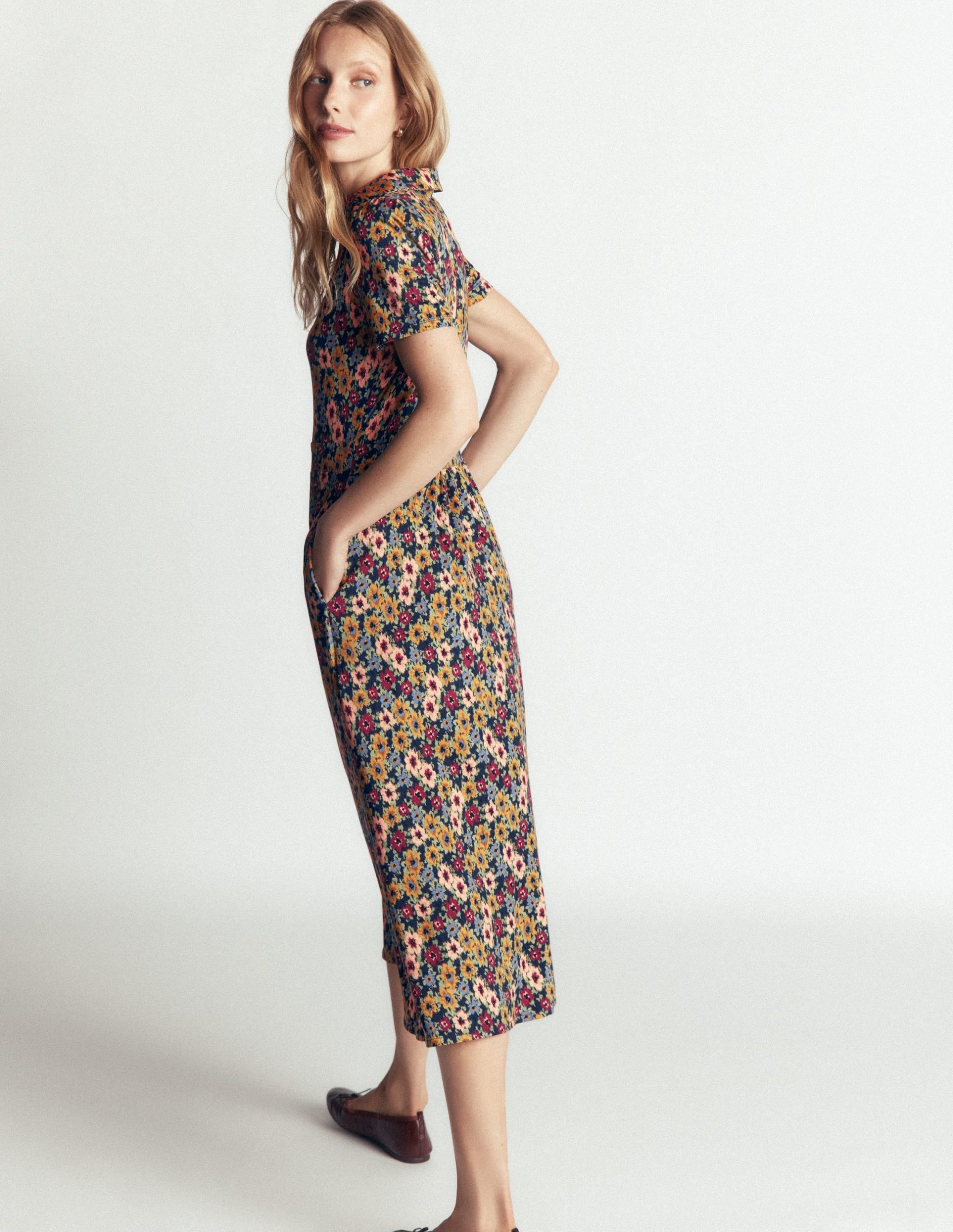 Heidi Jersey Midi Tea Dress-French Navy. Flecked Garden - Image 4
