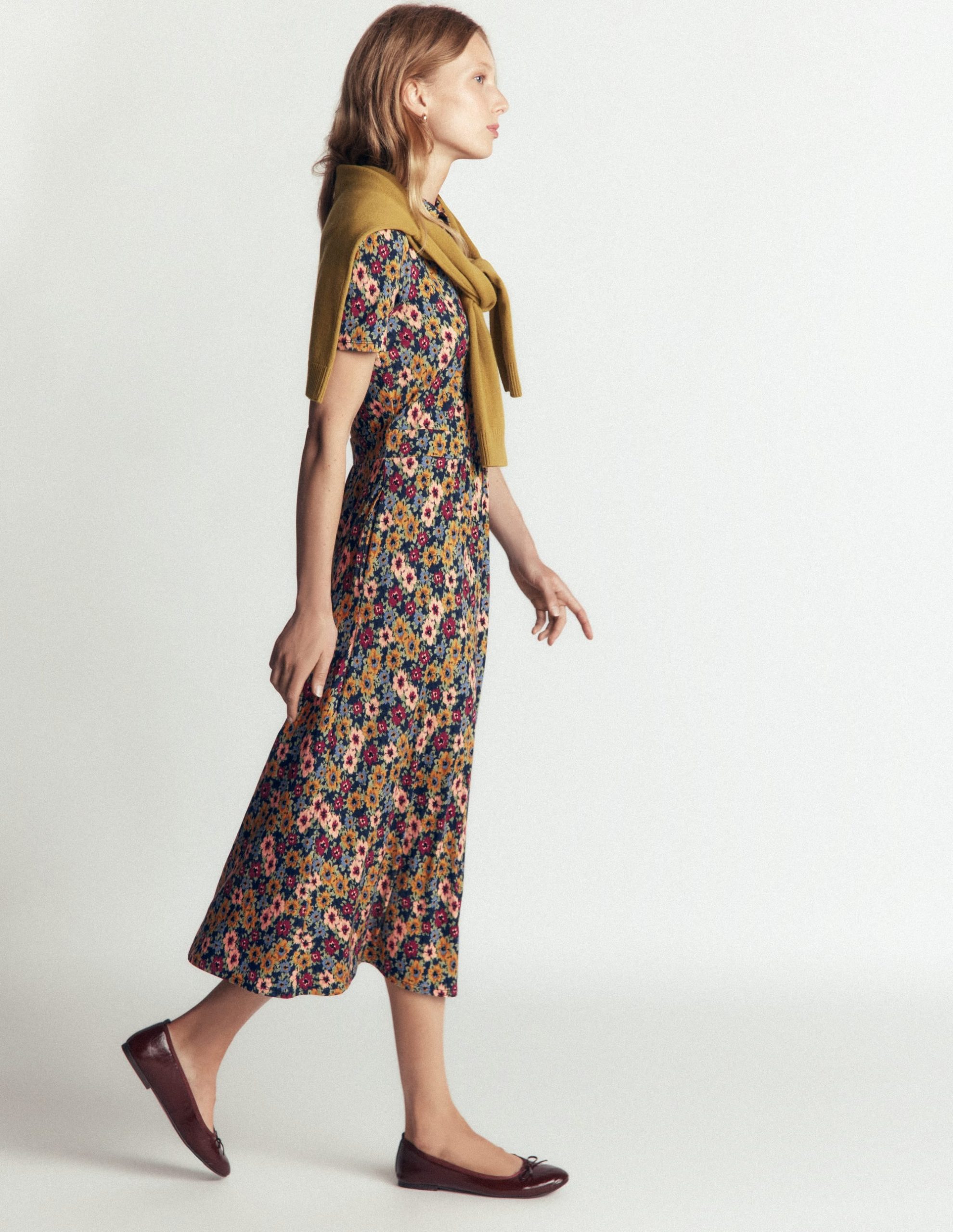 Heidi Jersey Midi Tea Dress-French Navy. Flecked Garden - Image 5