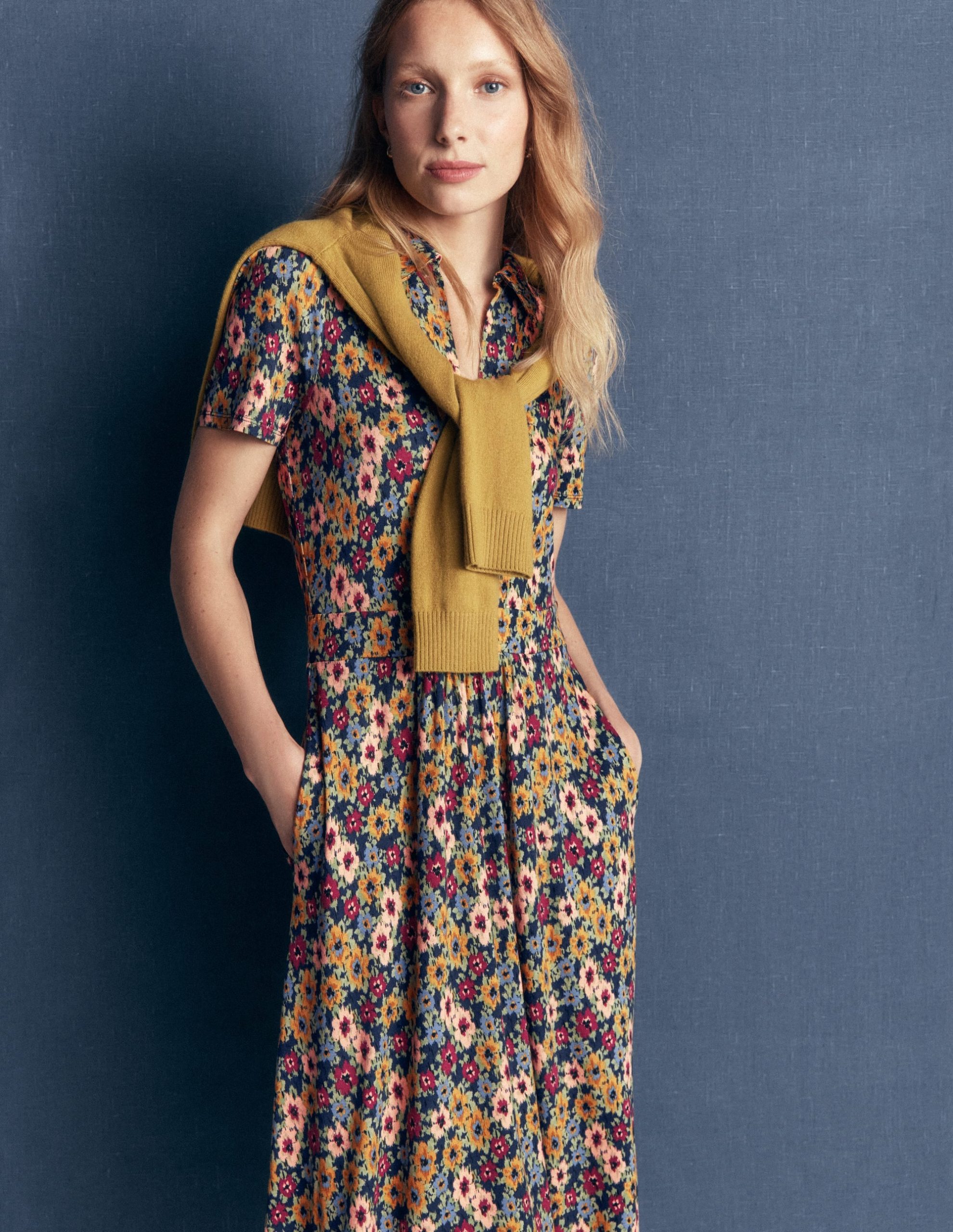 Heidi Jersey Midi Tea Dress-French Navy. Flecked Garden - Image 6