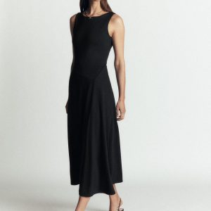 Asymetric Ponte Midi Dress-Black