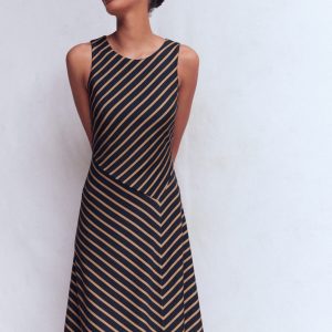 Asymetric Ponte Midi Dress-Navy and Camel Stripe