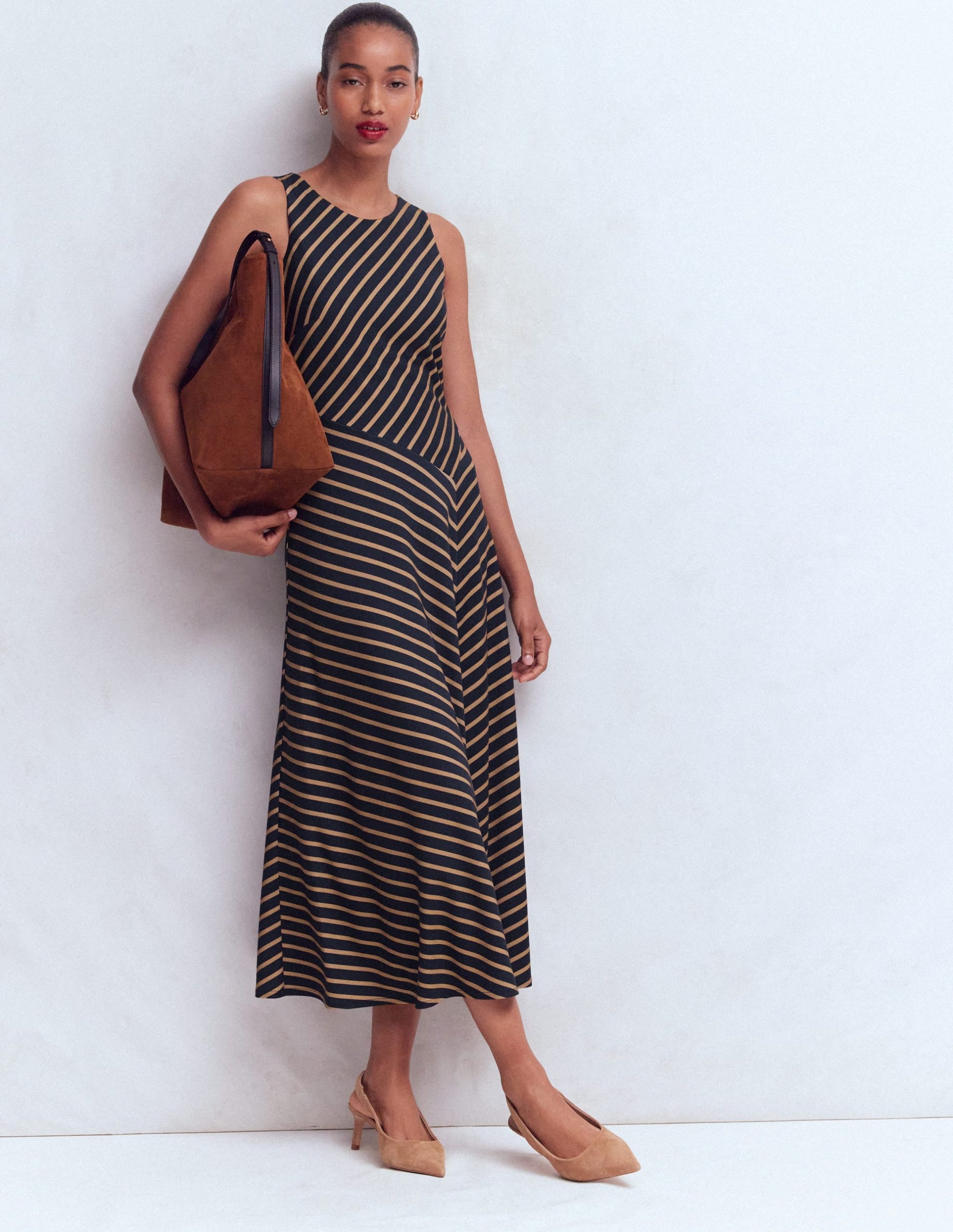 Asymetric Ponte Midi Dress-Navy and Camel Stripe - Image 2